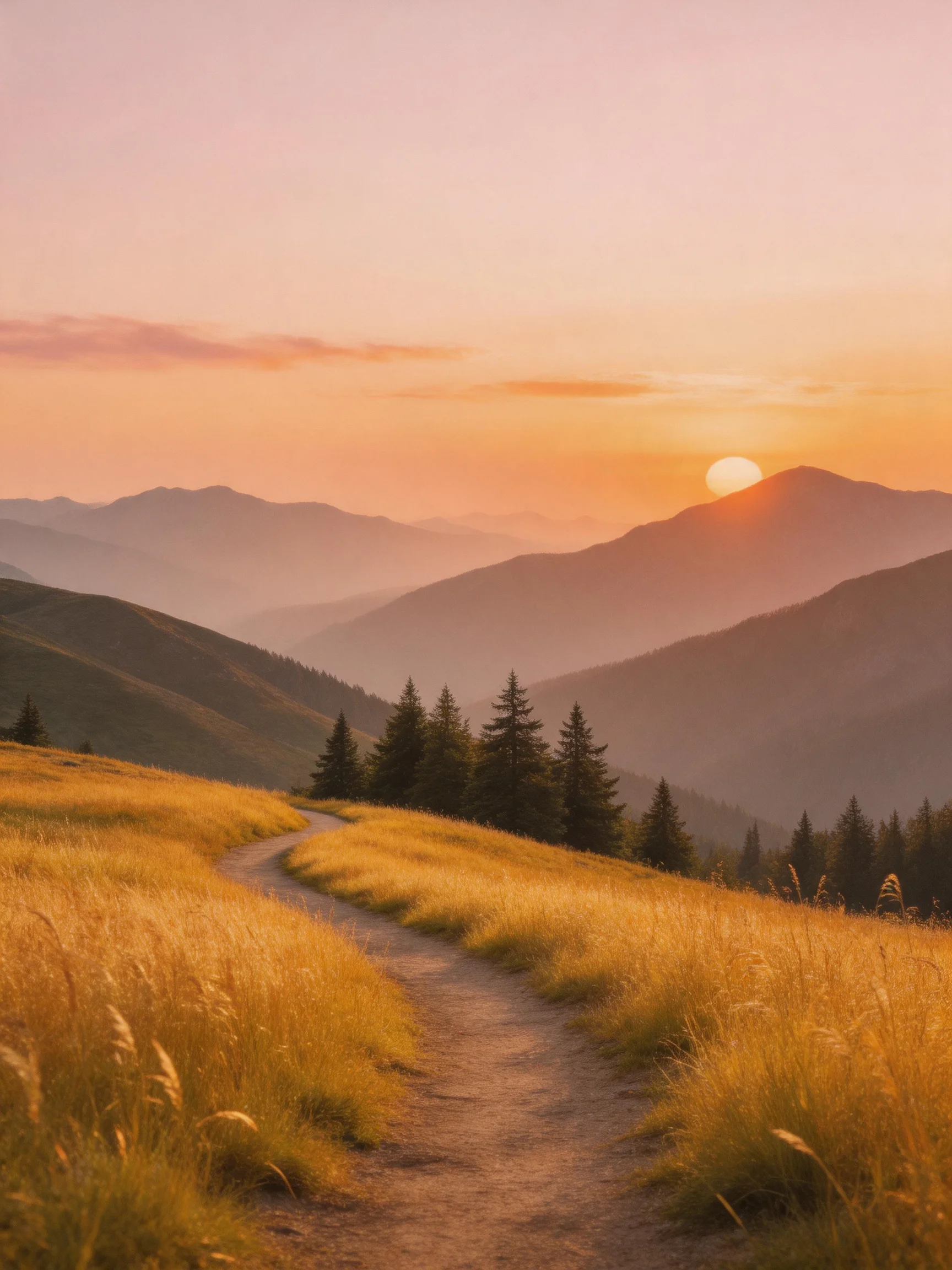 Golden meadow path leading toward misty mountain peaks at sunset