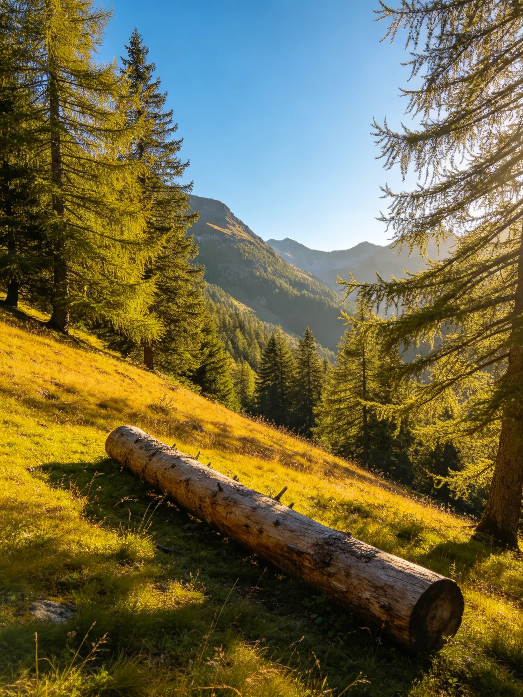 Golden meadow with a fallen log, tall evergreen trees, and mountainous backdrop