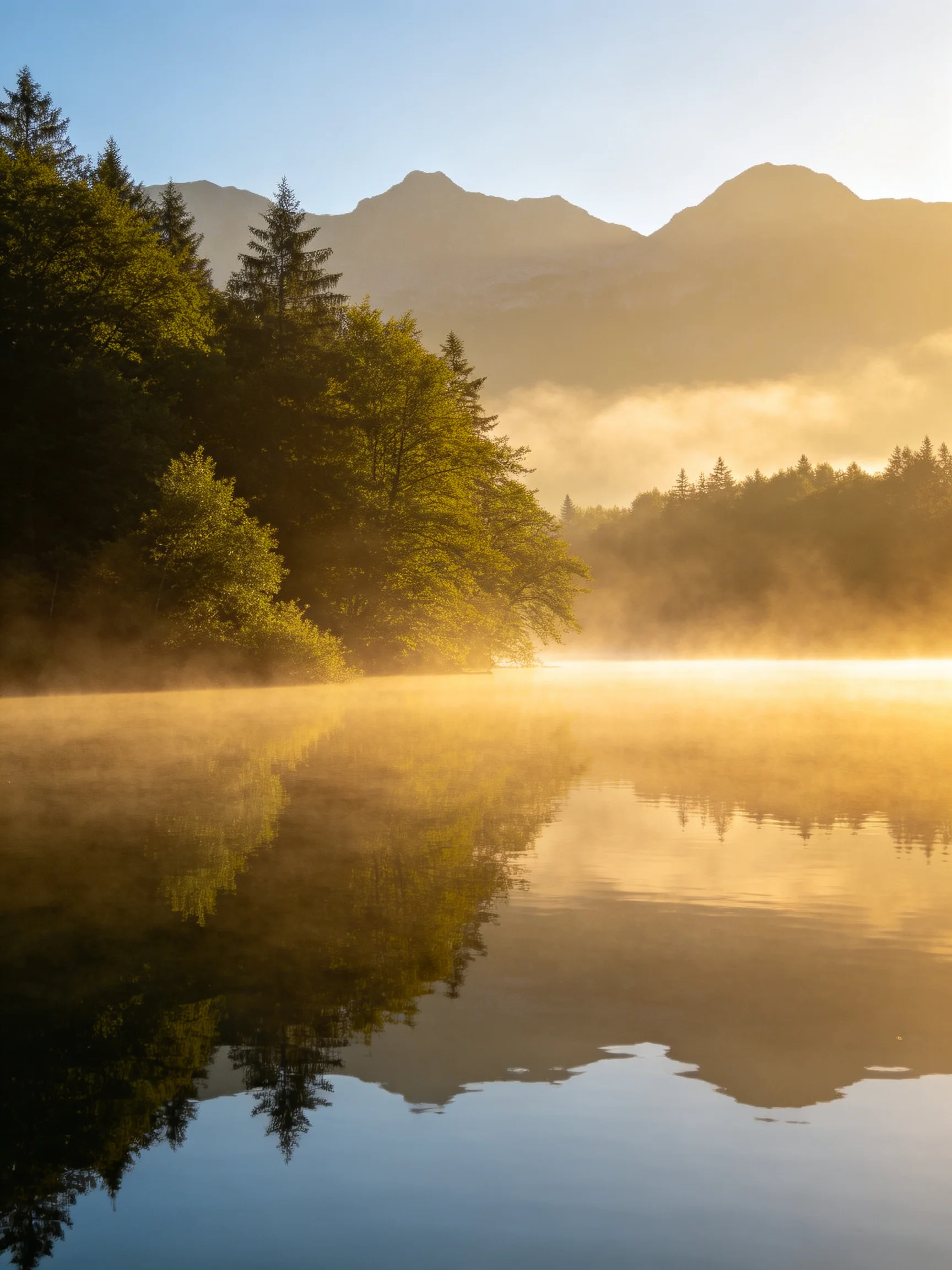 Golden morning mist over a serene lake with forested mountains