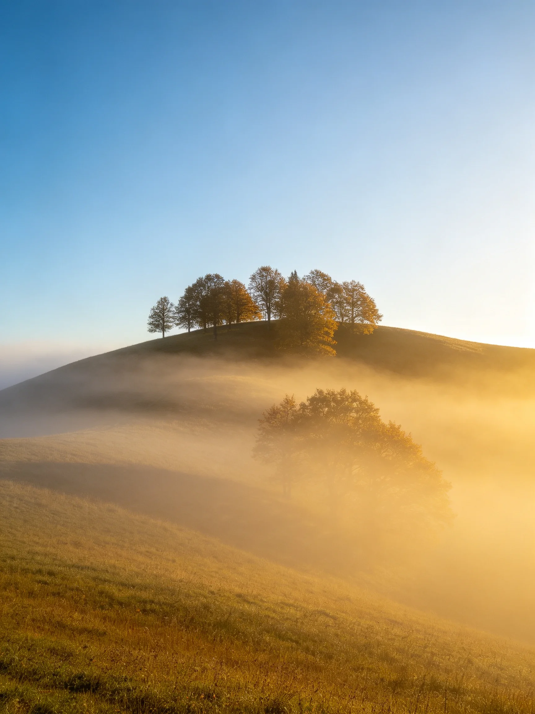Golden morning mist over rolling hills with autumn trees
