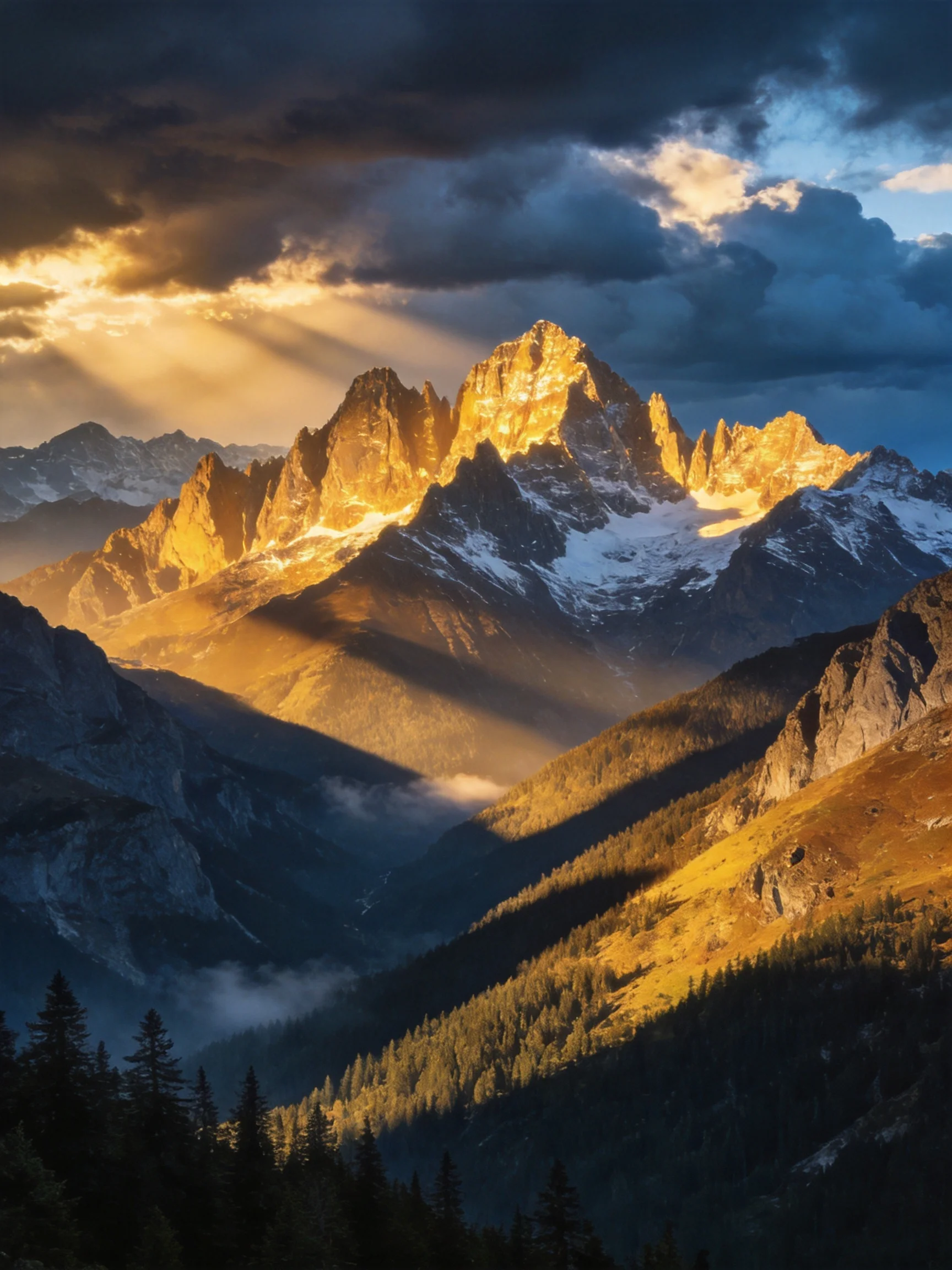 Golden mountain peaks illuminated by sunbeams amid dramatic cloud cover