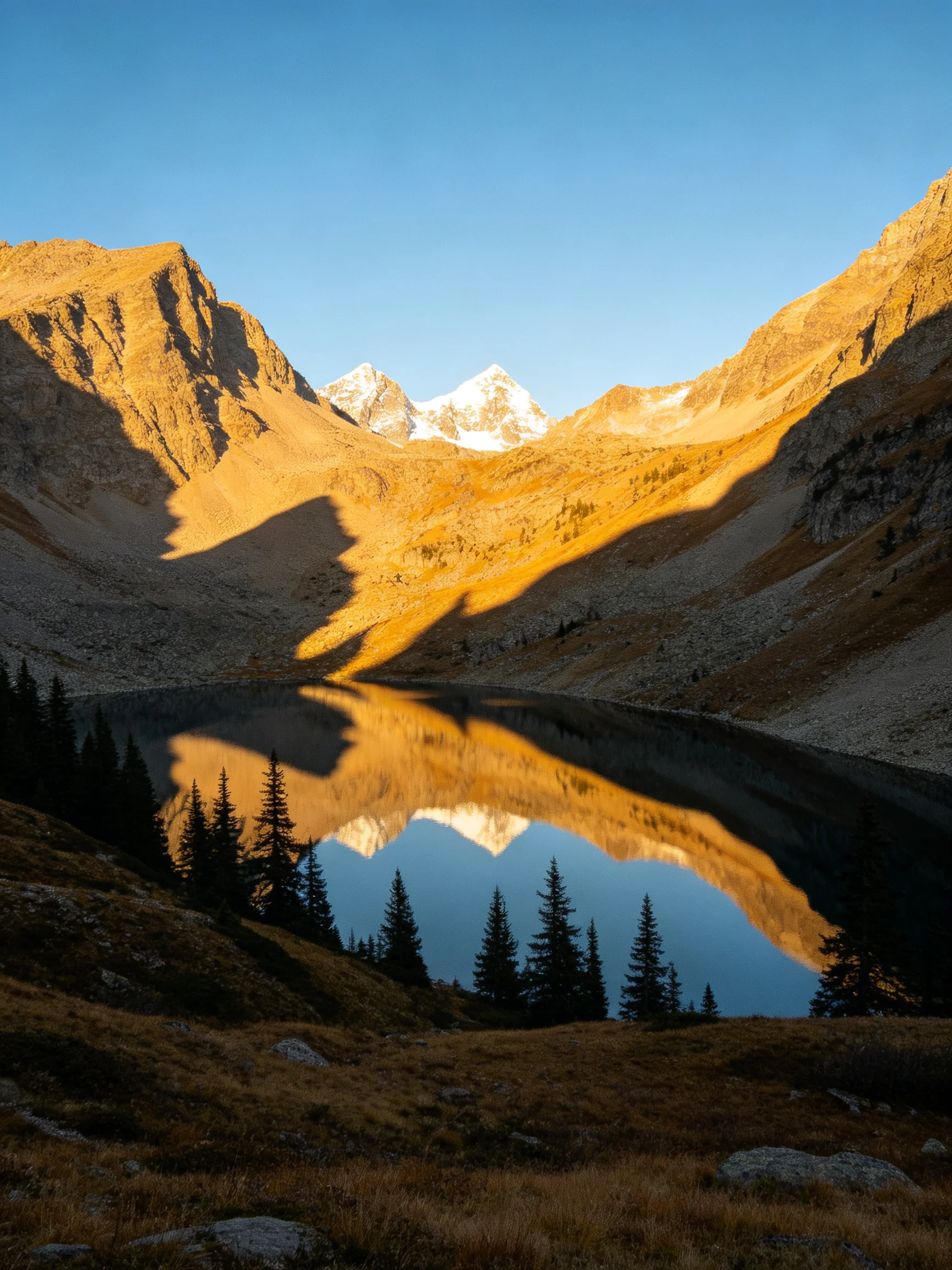 Golden mountain peaks reflecting in a serene alpine lake