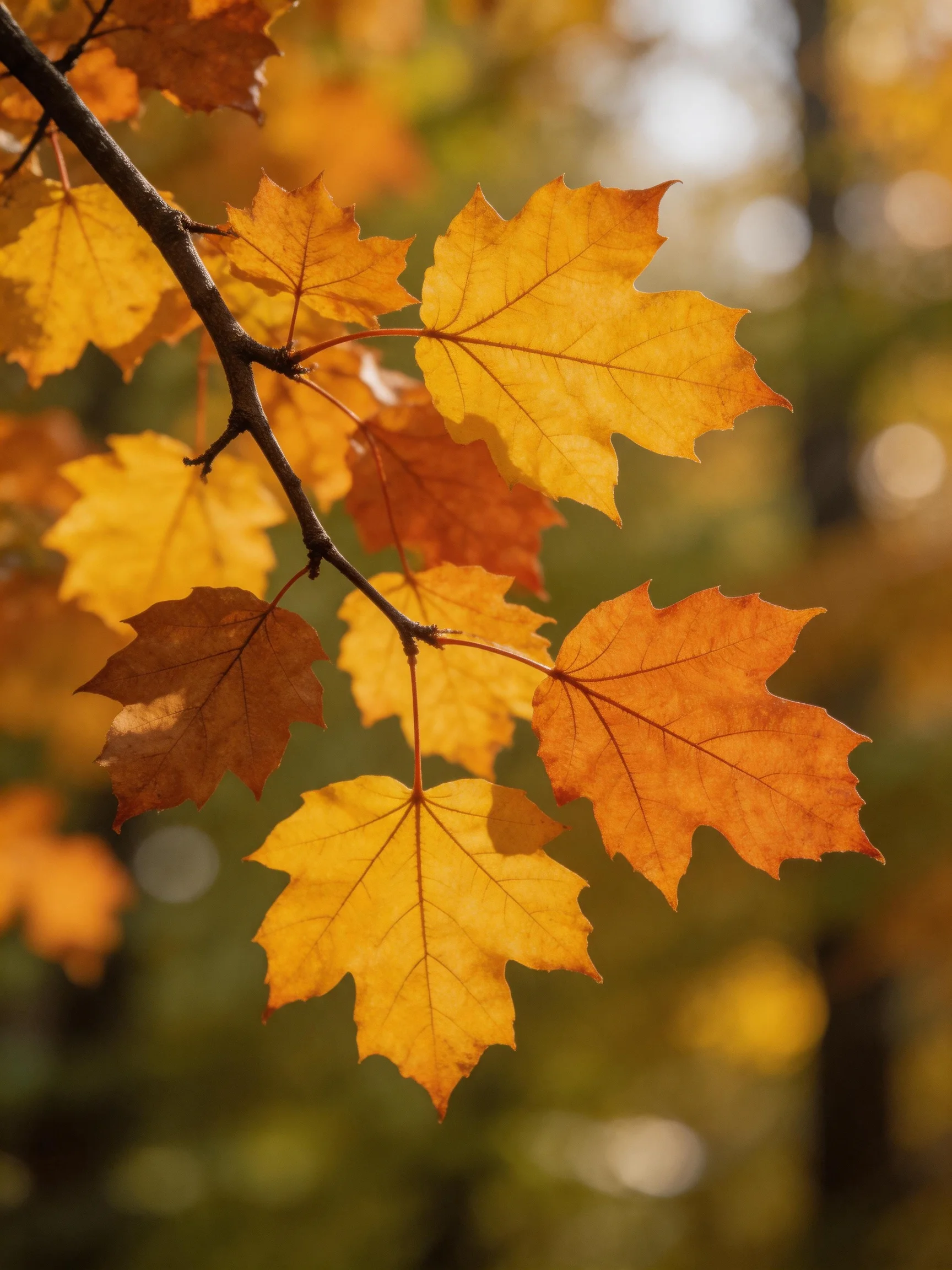 Golden-orange maple leaves clustered on a branch with soft bokeh background