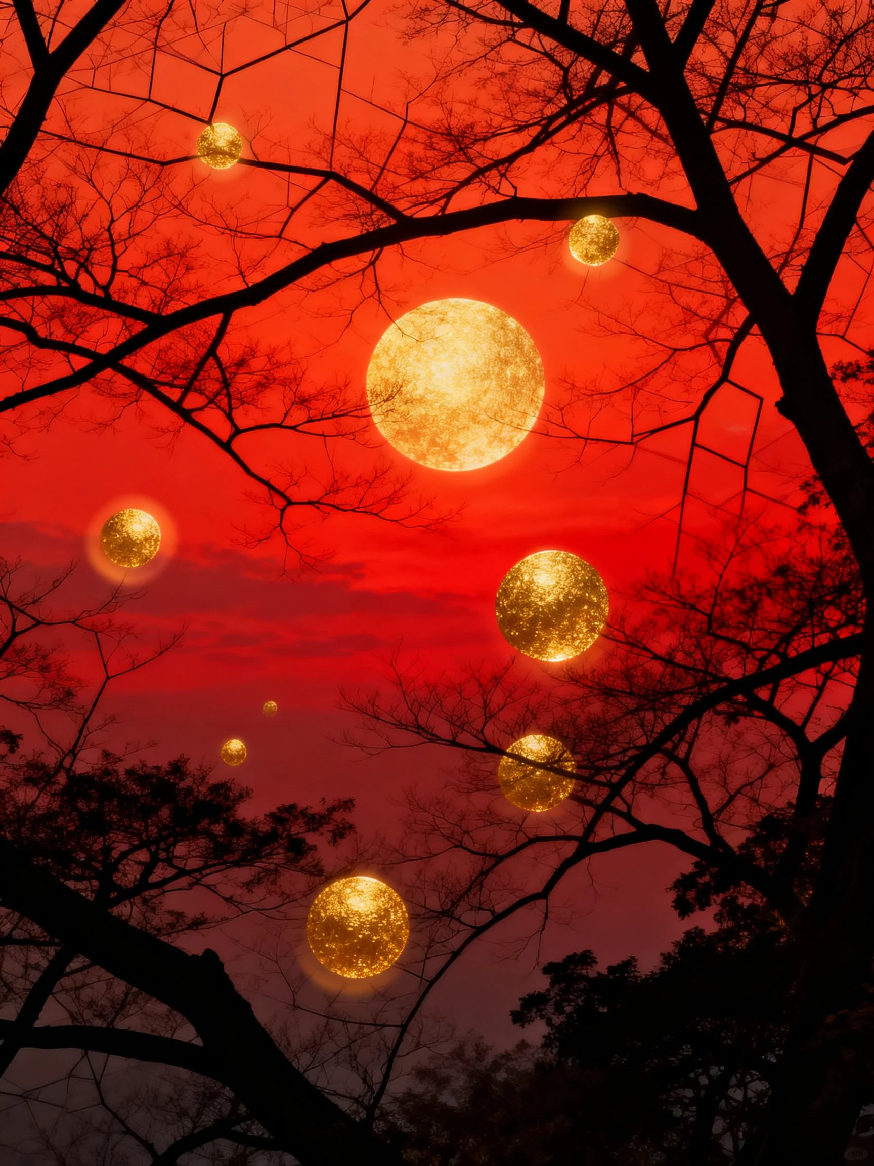 Golden orbs scattered among dark tree branches over a crimson sky