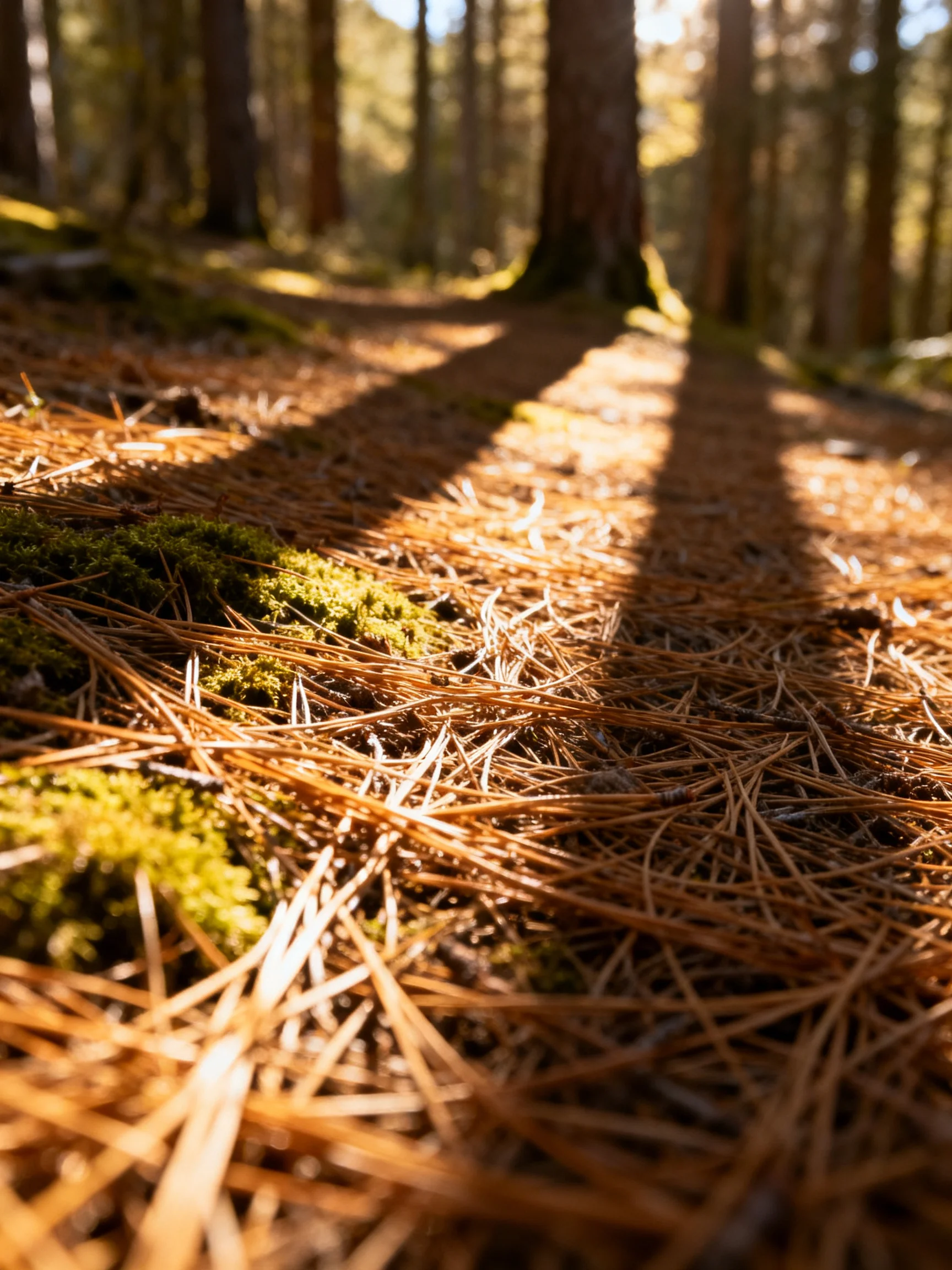 Golden pine needles and green moss cover a sunlit forest path