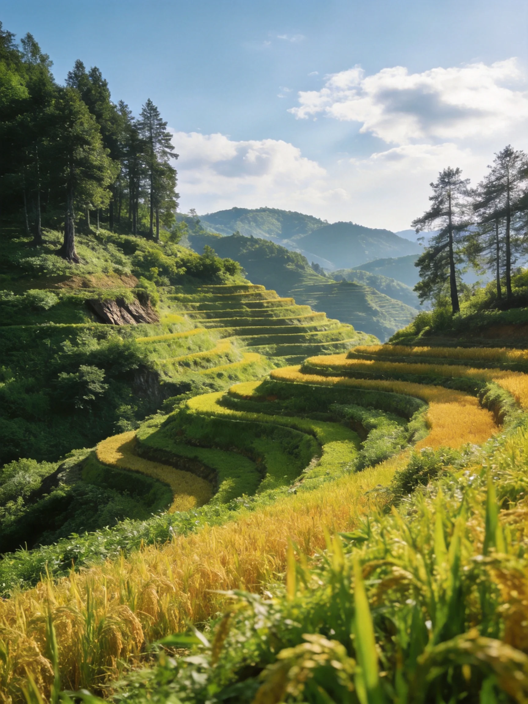 Golden rice terraces winding through lush green hills with tall pines