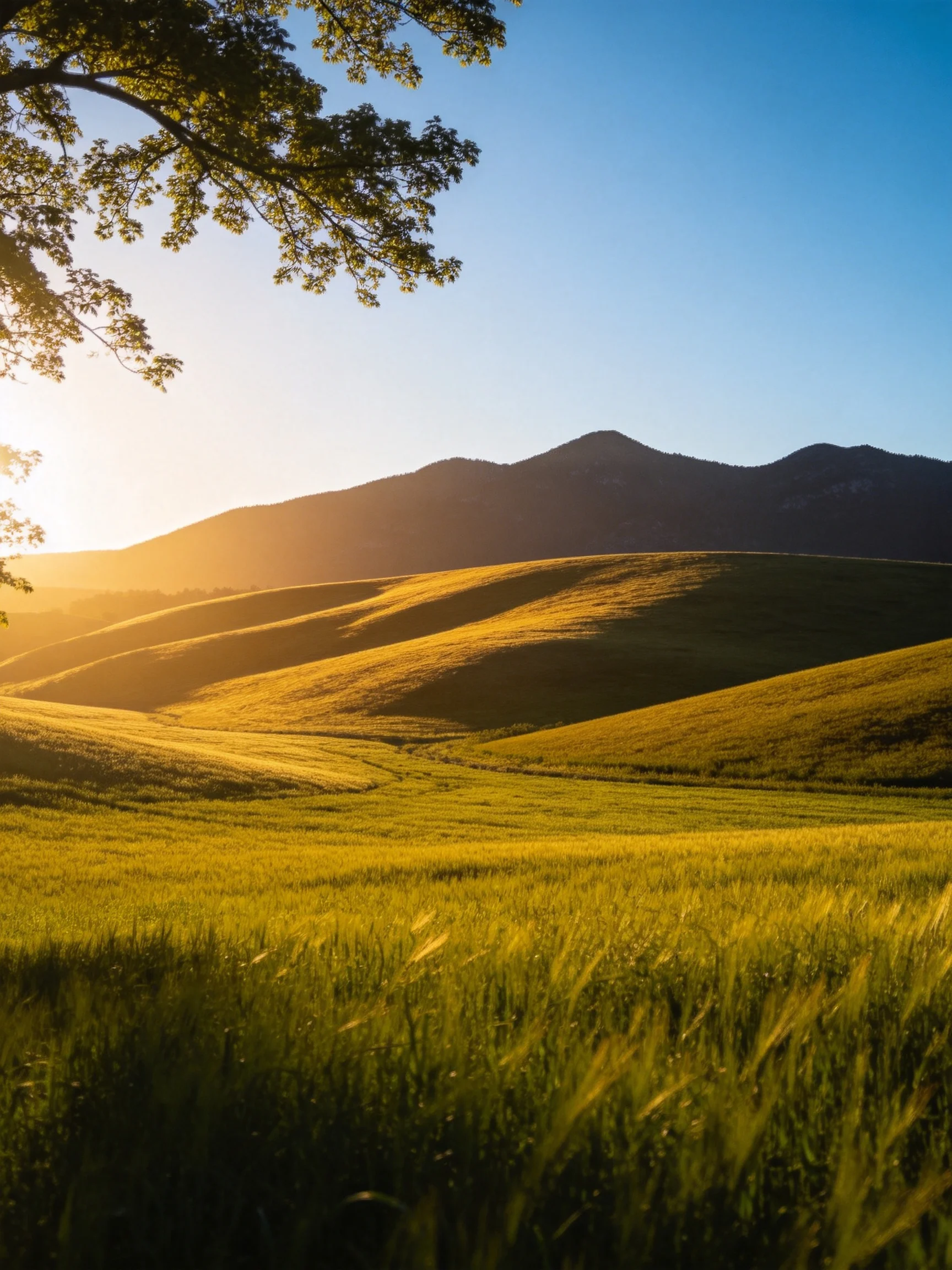 Golden rolling hills bathed in sunlight, featuring distant mountains and tree branches