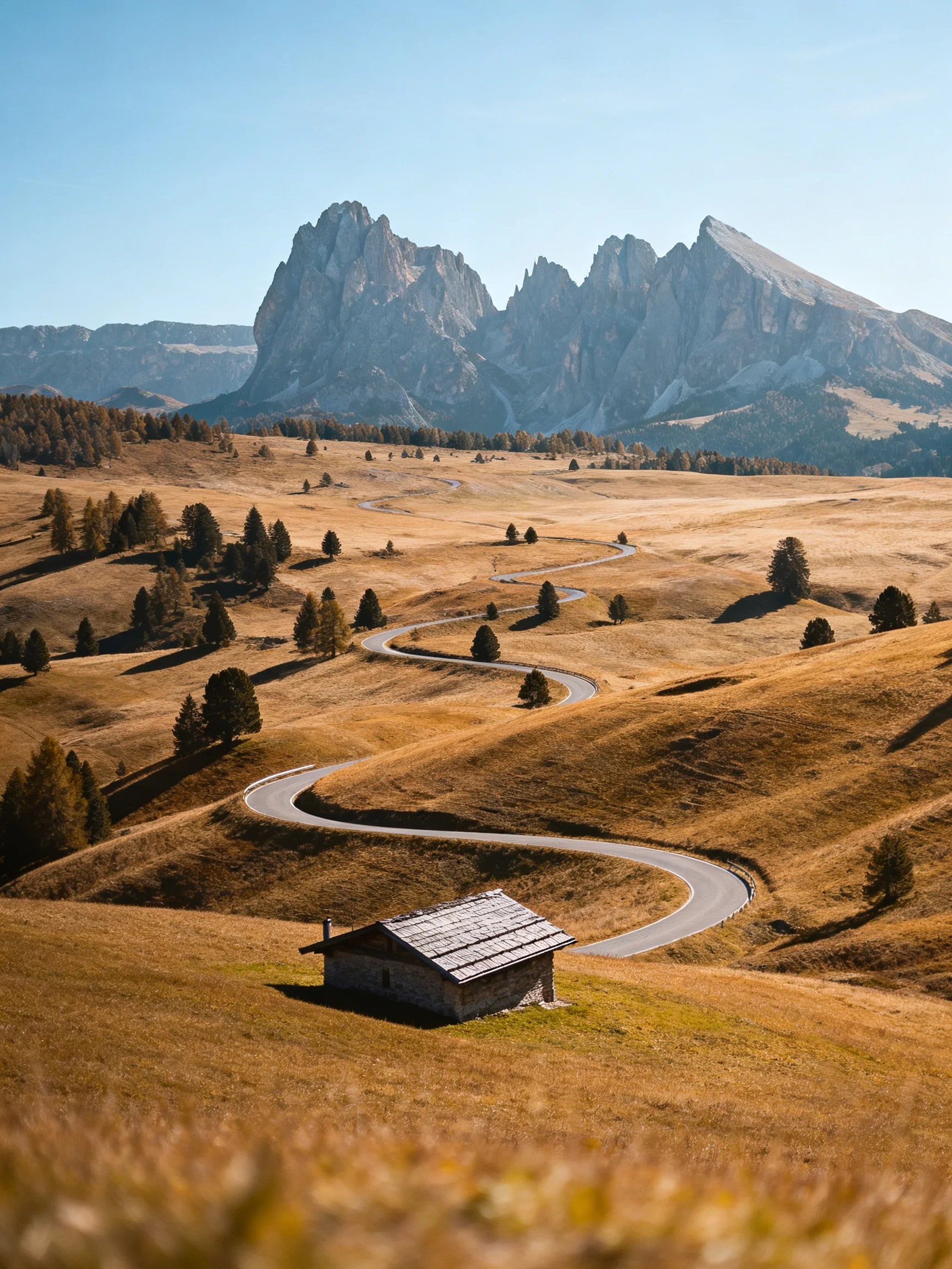 Golden rolling hills, winding road, majestic rocky peaks