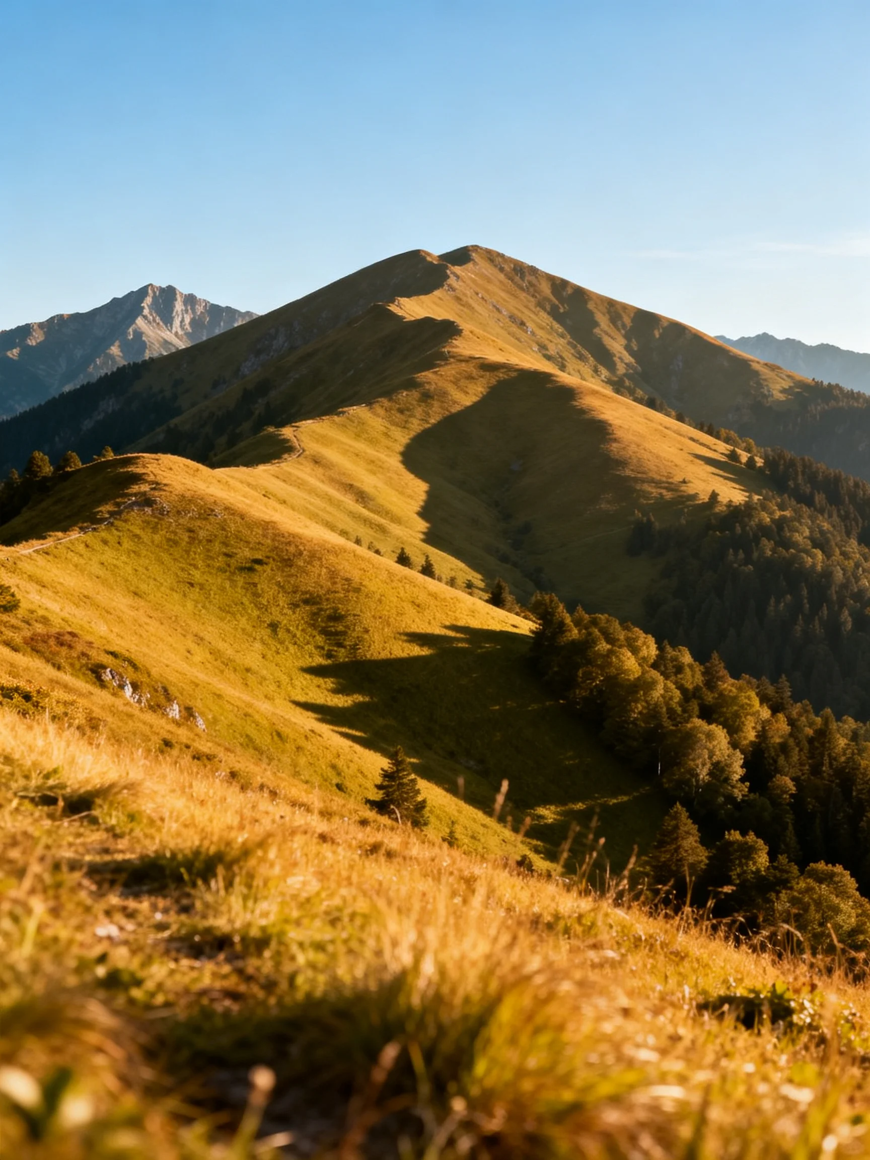 Golden rolling hills with forested slopes under clear blue sky
