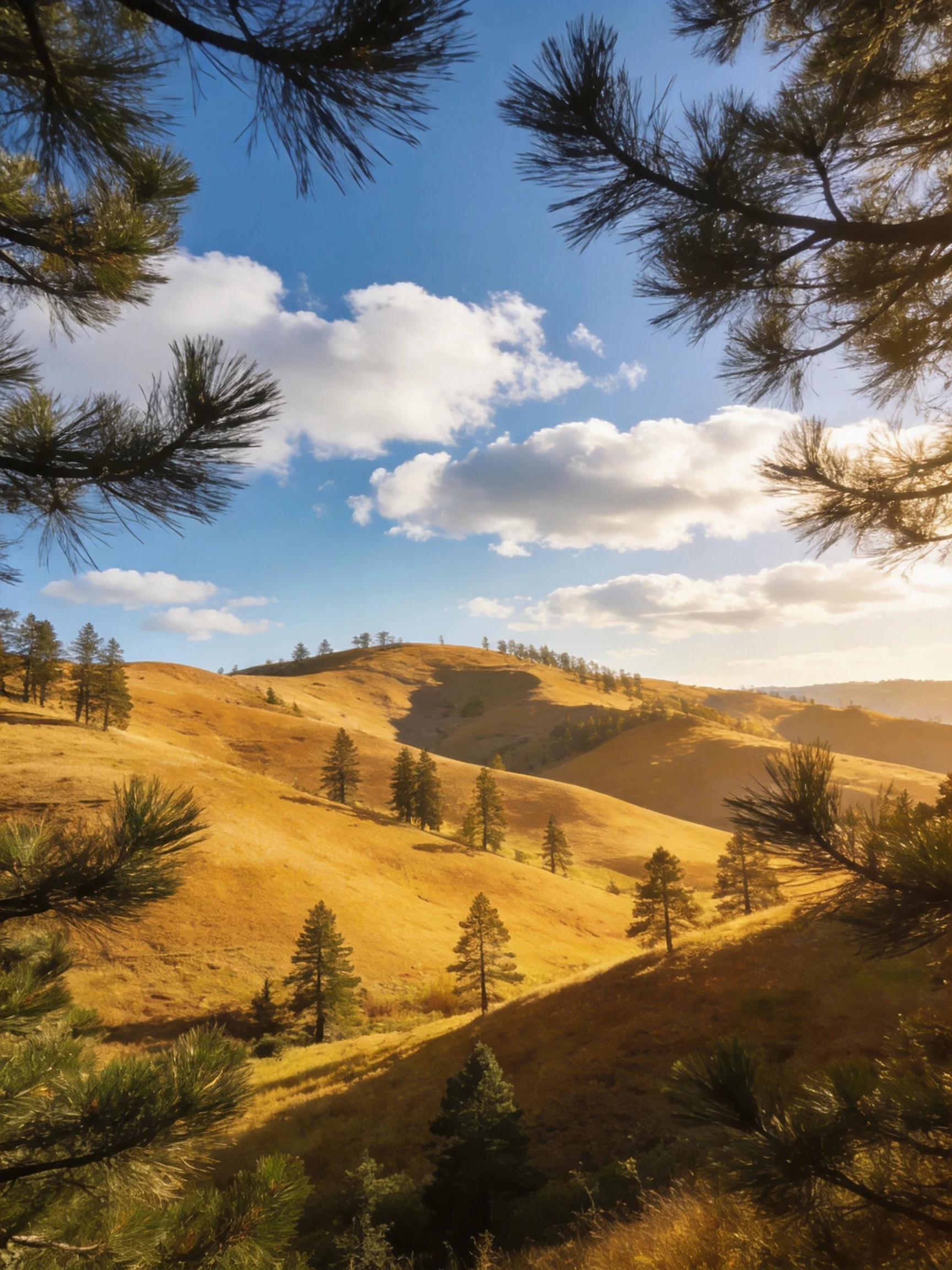 Golden rolling hills with pine trees under blue sky