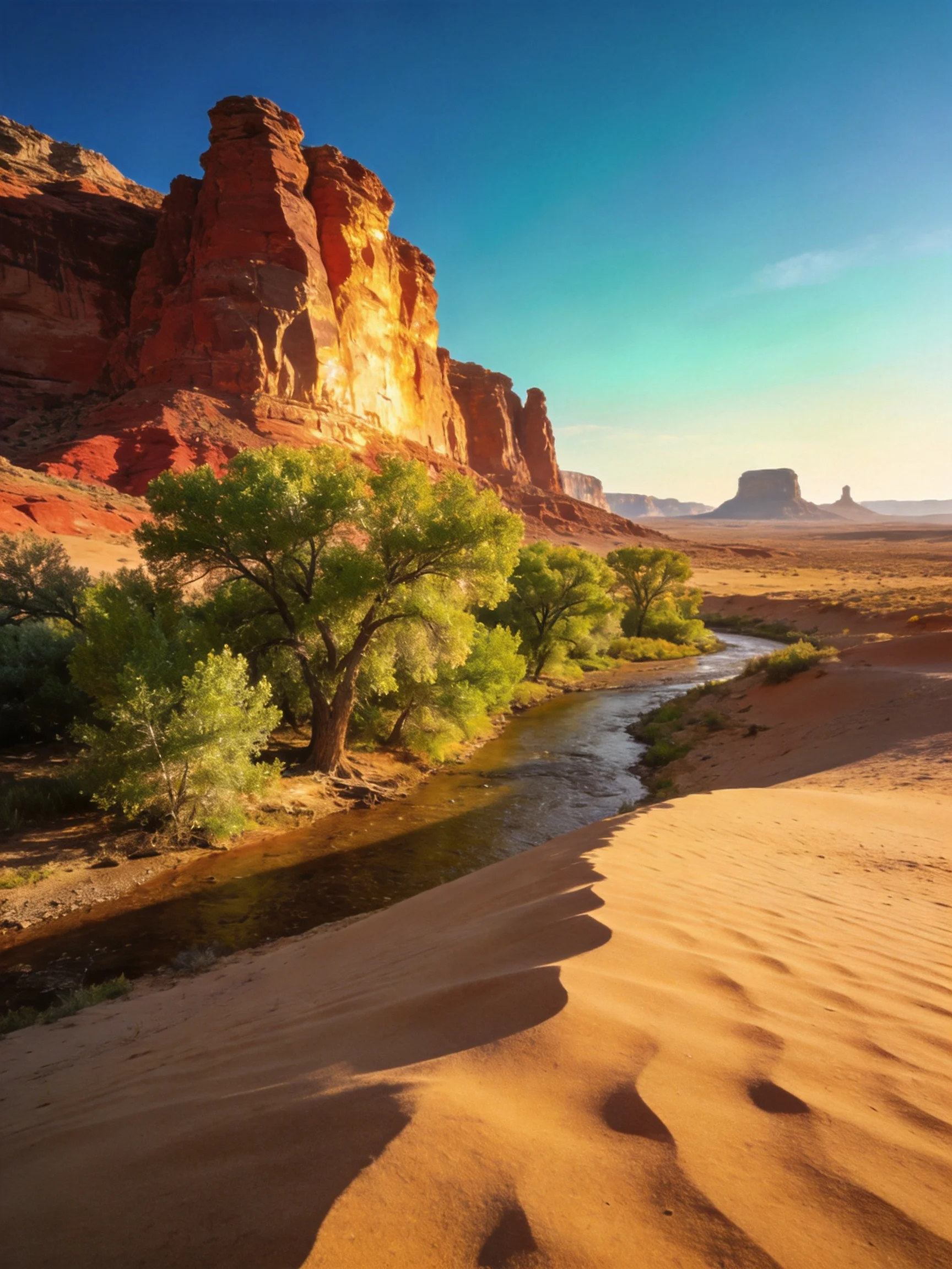 Golden sand dunes near a winding river with red rock cliffs