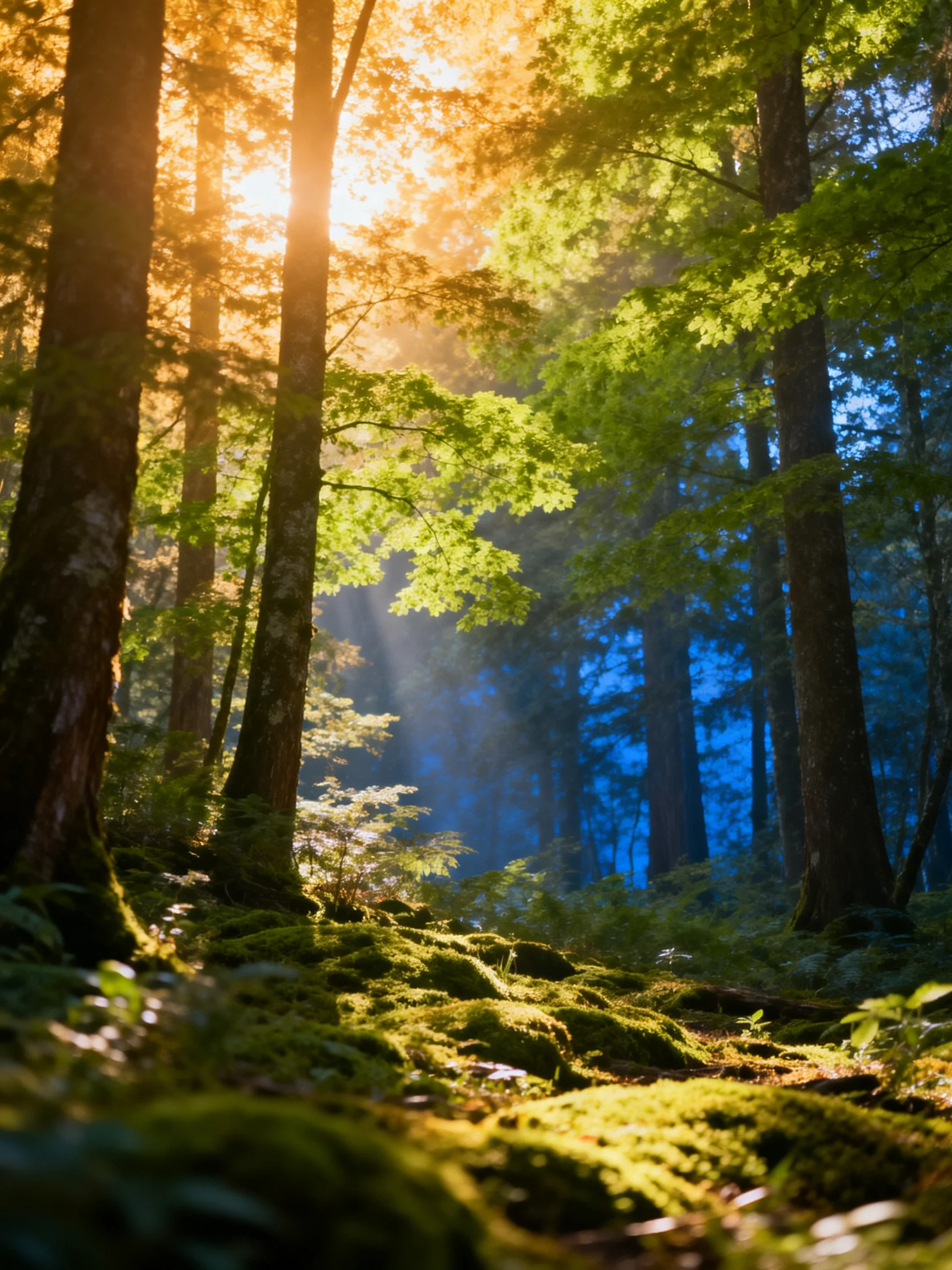 Golden sunbeams filter through a lush forest with mossy ground