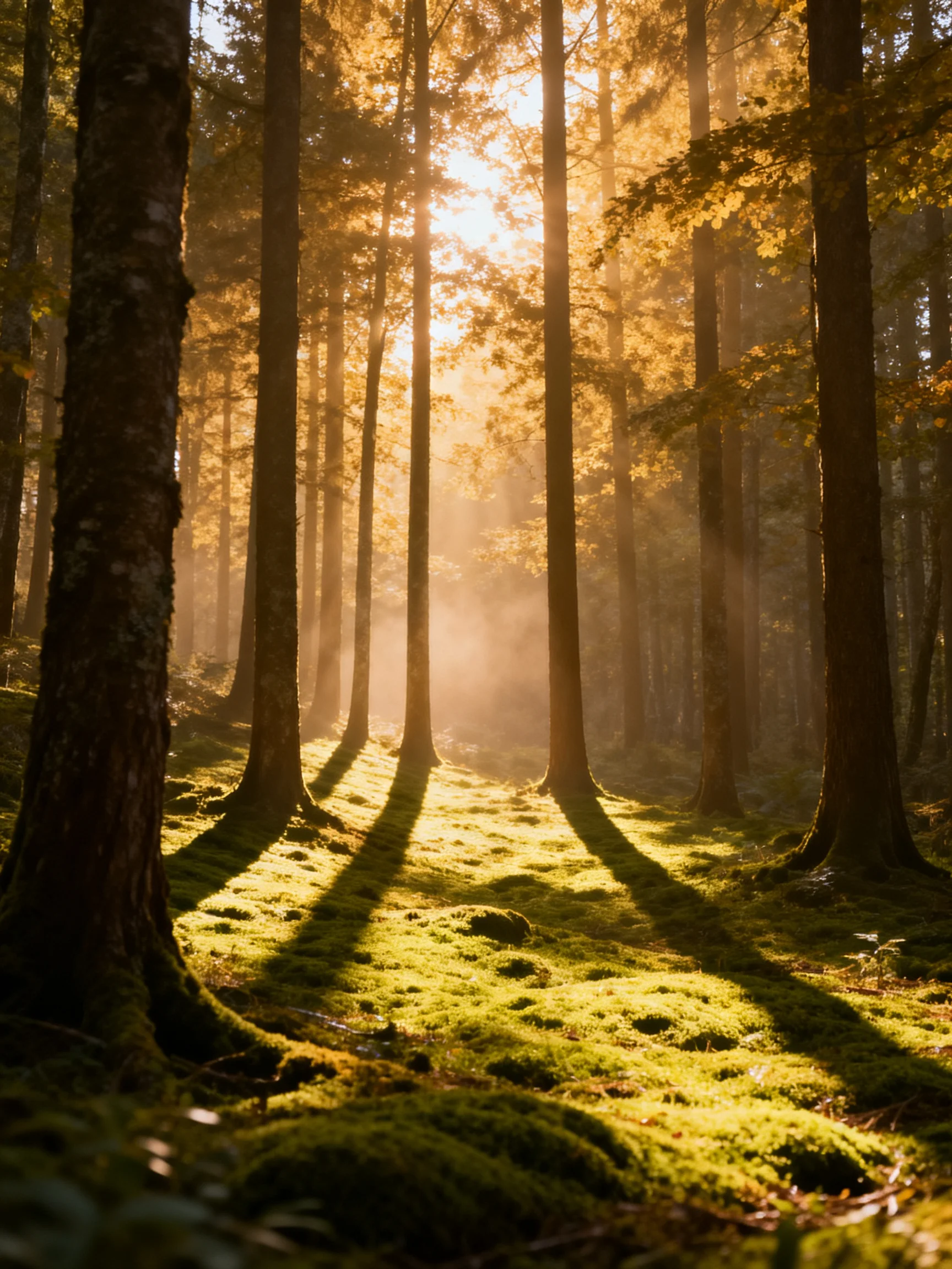 Golden sunbeams filter through tall forest trees onto mossy ground