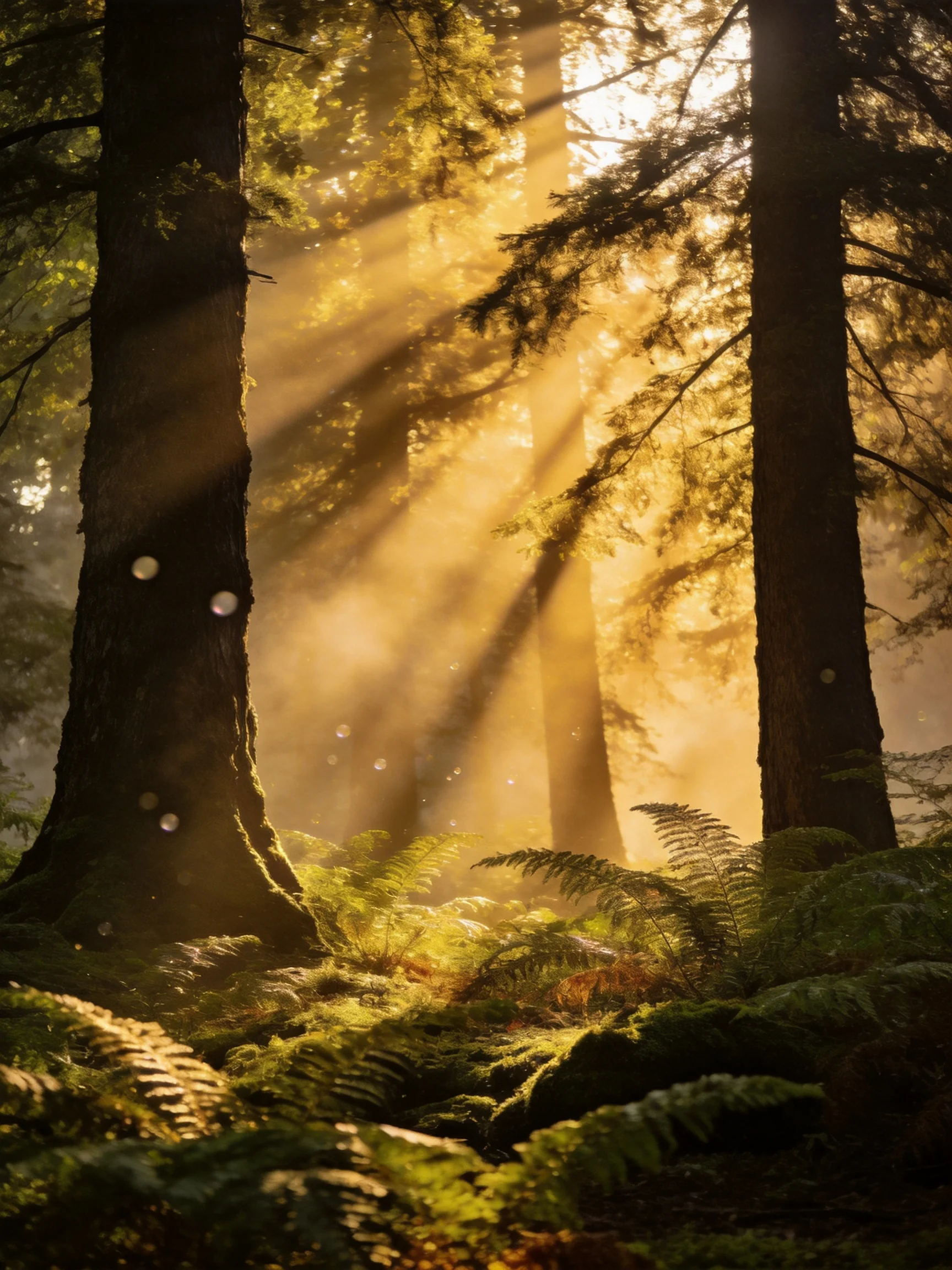 Golden sunbeams filter through towering forest trees and ferns