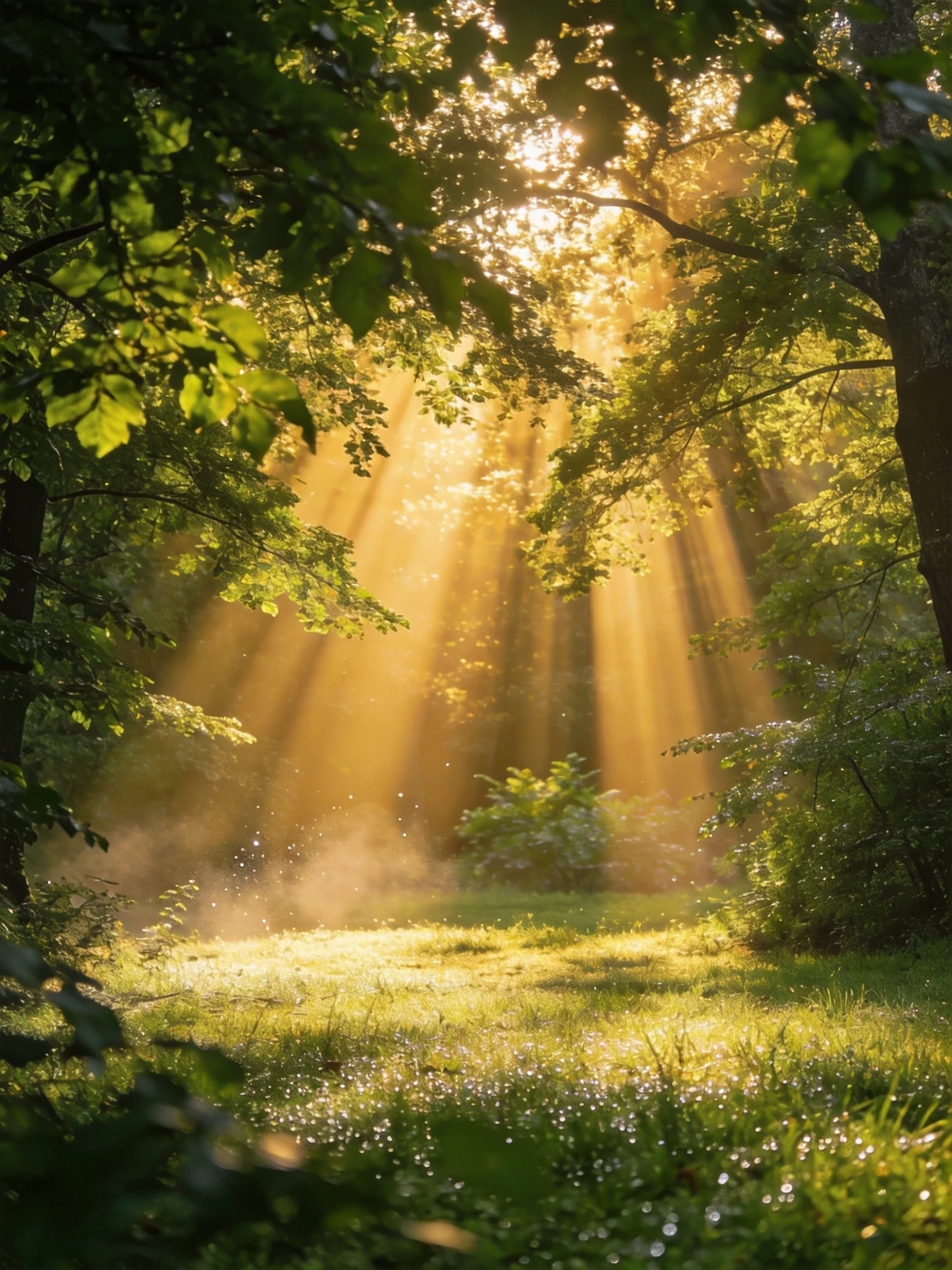 Golden sunbeams illuminate a lush forest glade with dewy grass