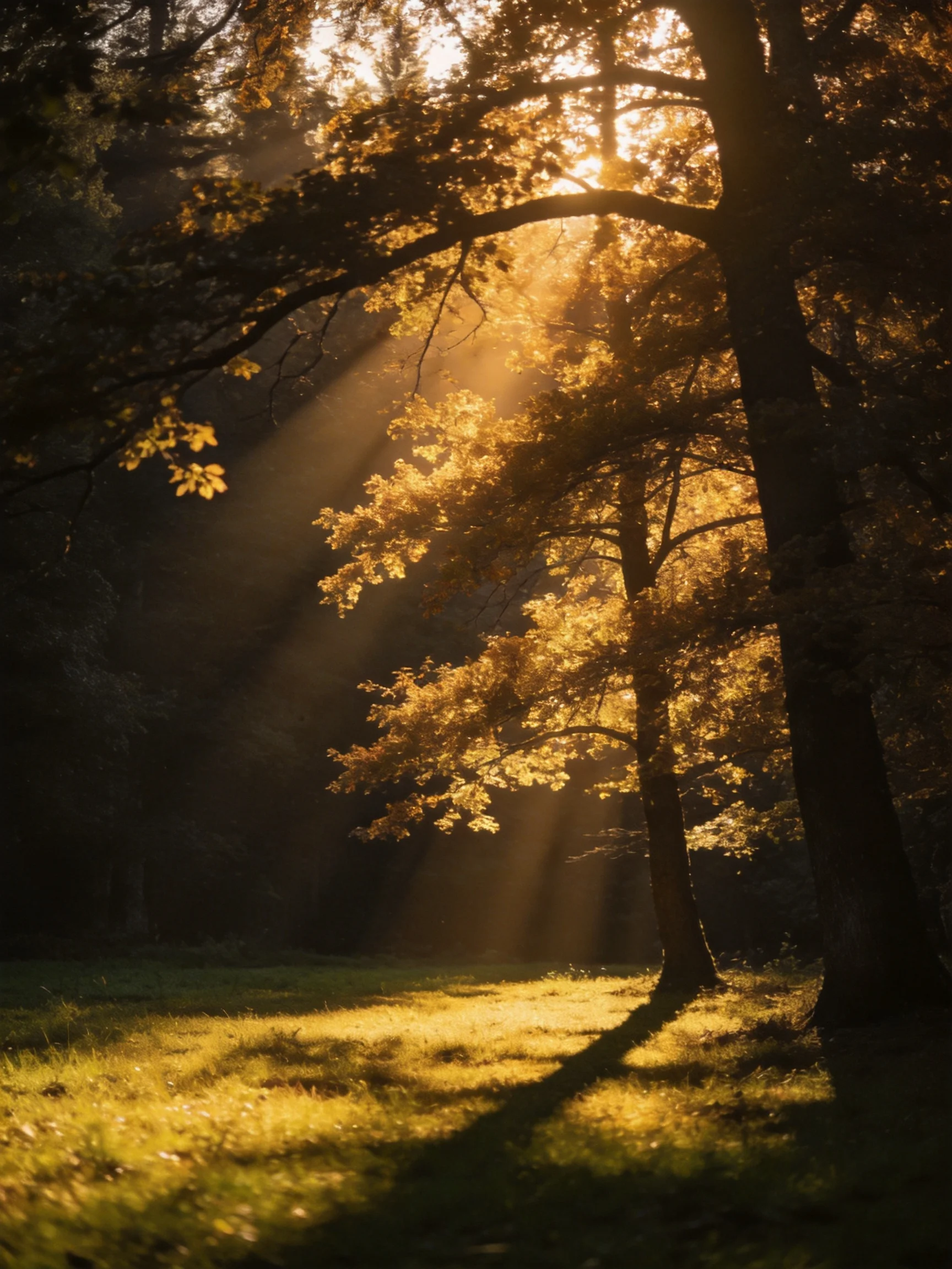 Golden sunbeams illuminate autumn trees over a forest clearing