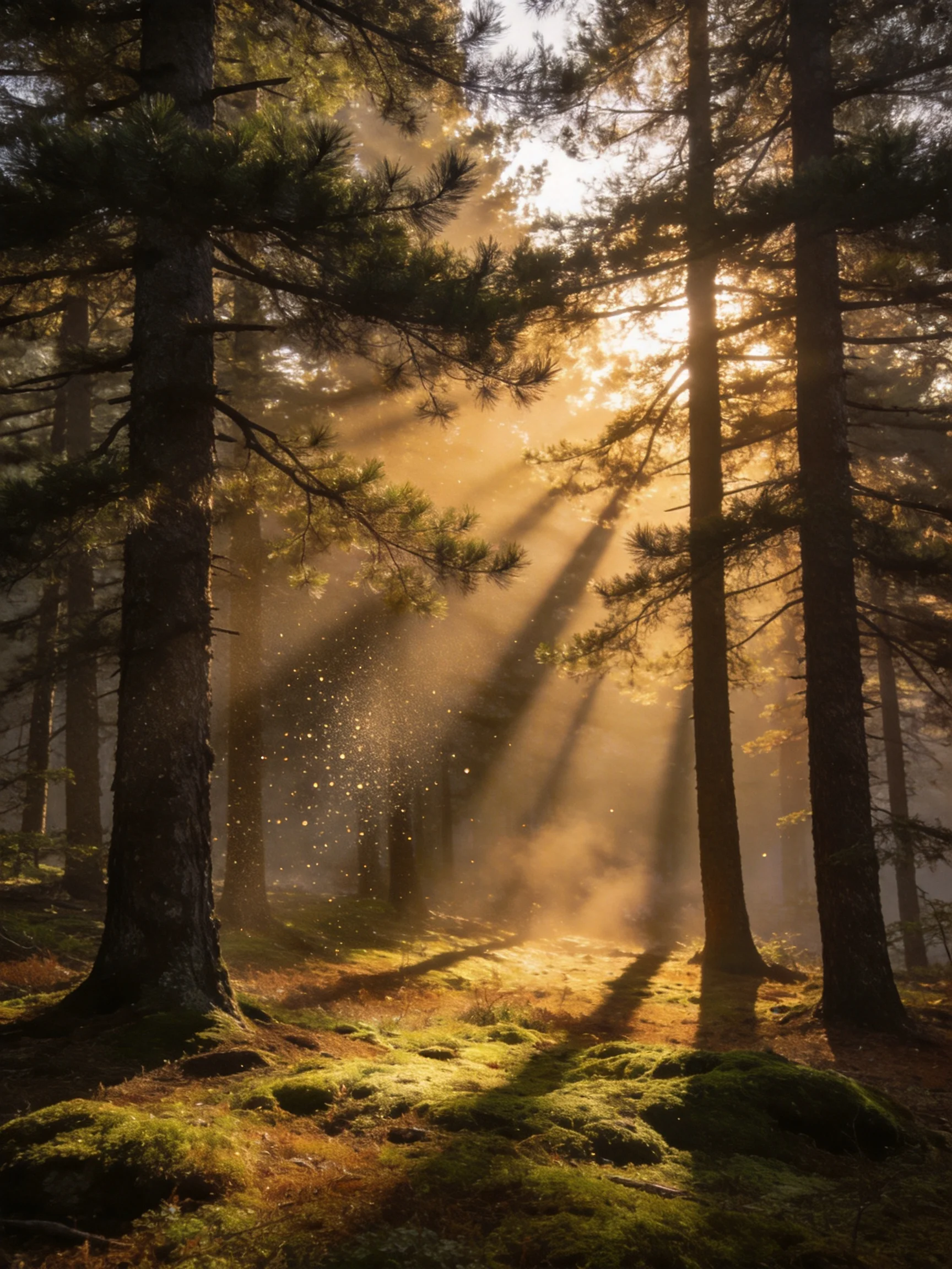 Golden sunbeams illuminate tall pine trees in misty forest