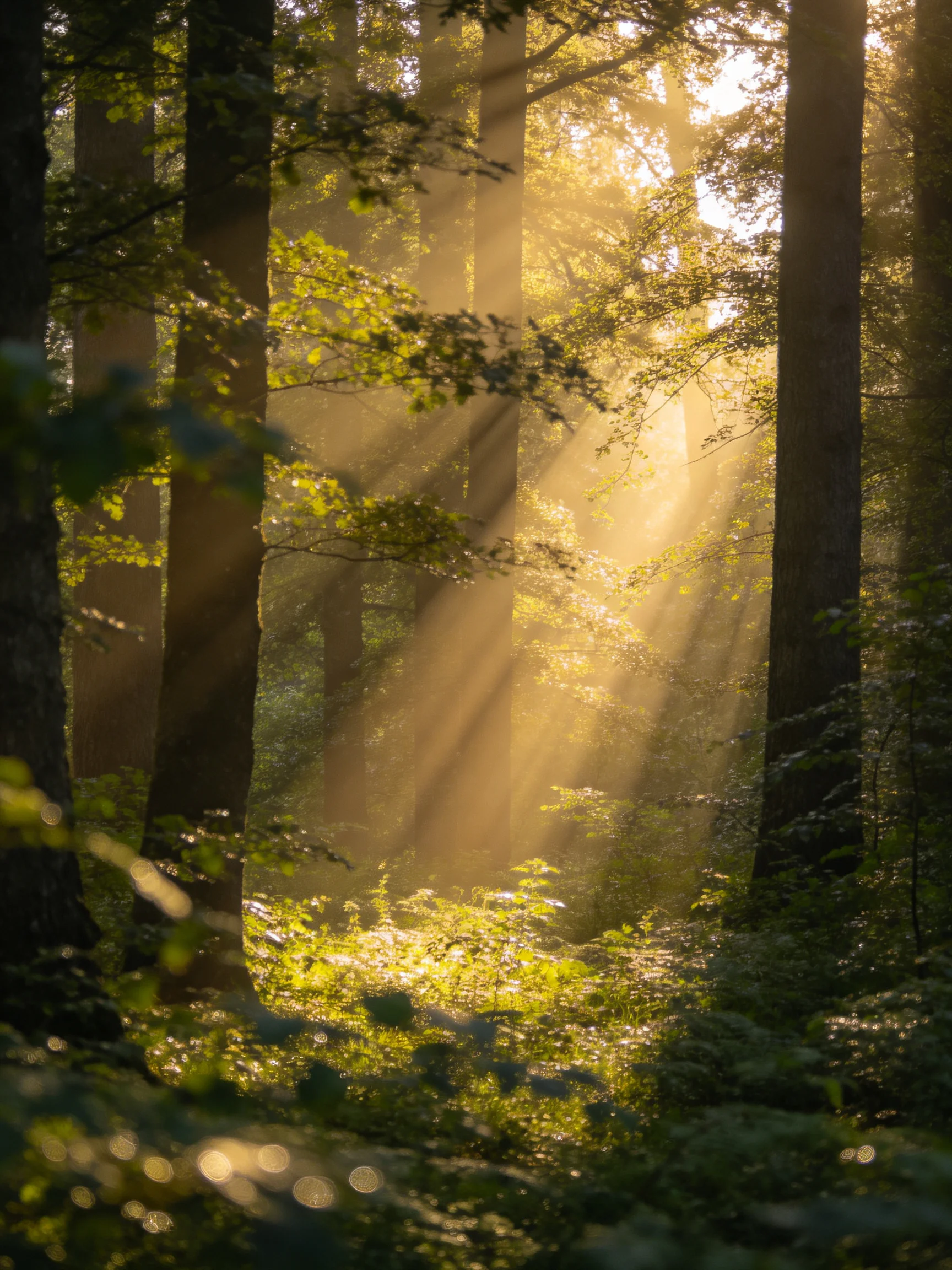 Golden sunbeams illuminate tall trees in a lush forest