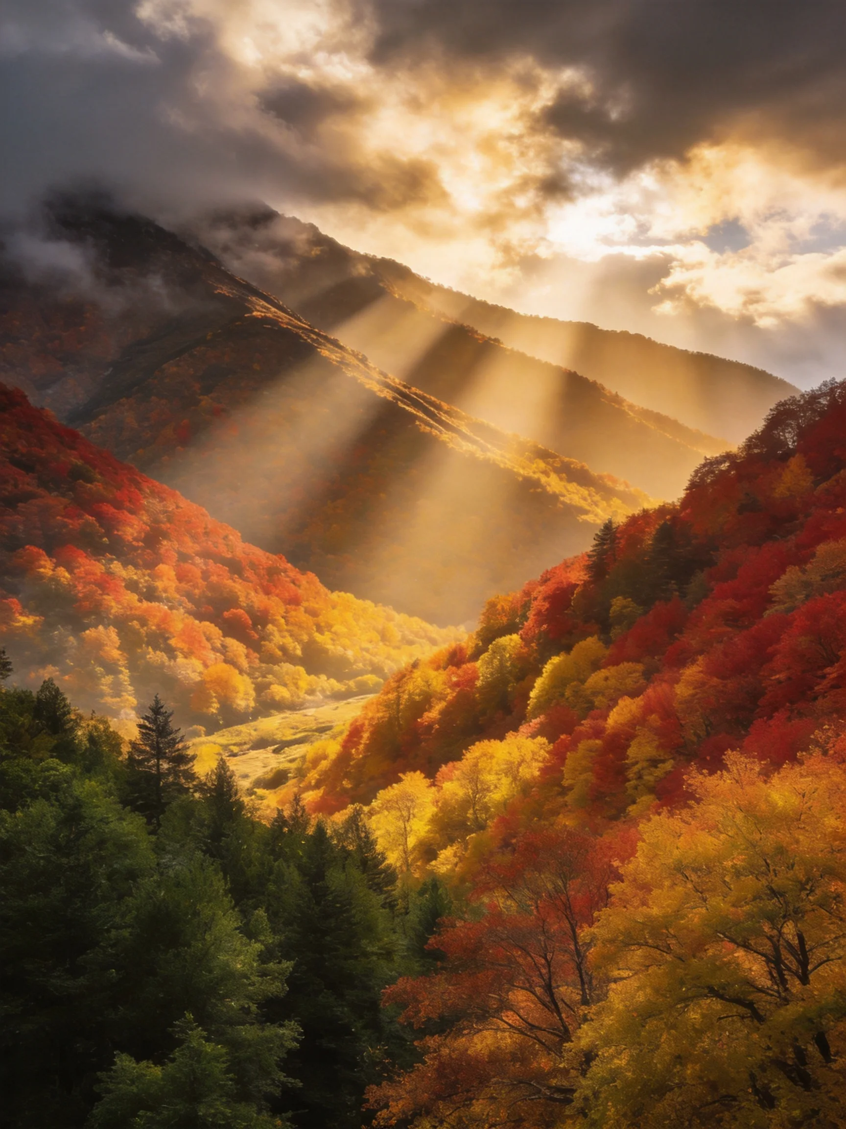 Golden sunbeams illuminate vibrant autumn mountain slopes with colorful foliage.