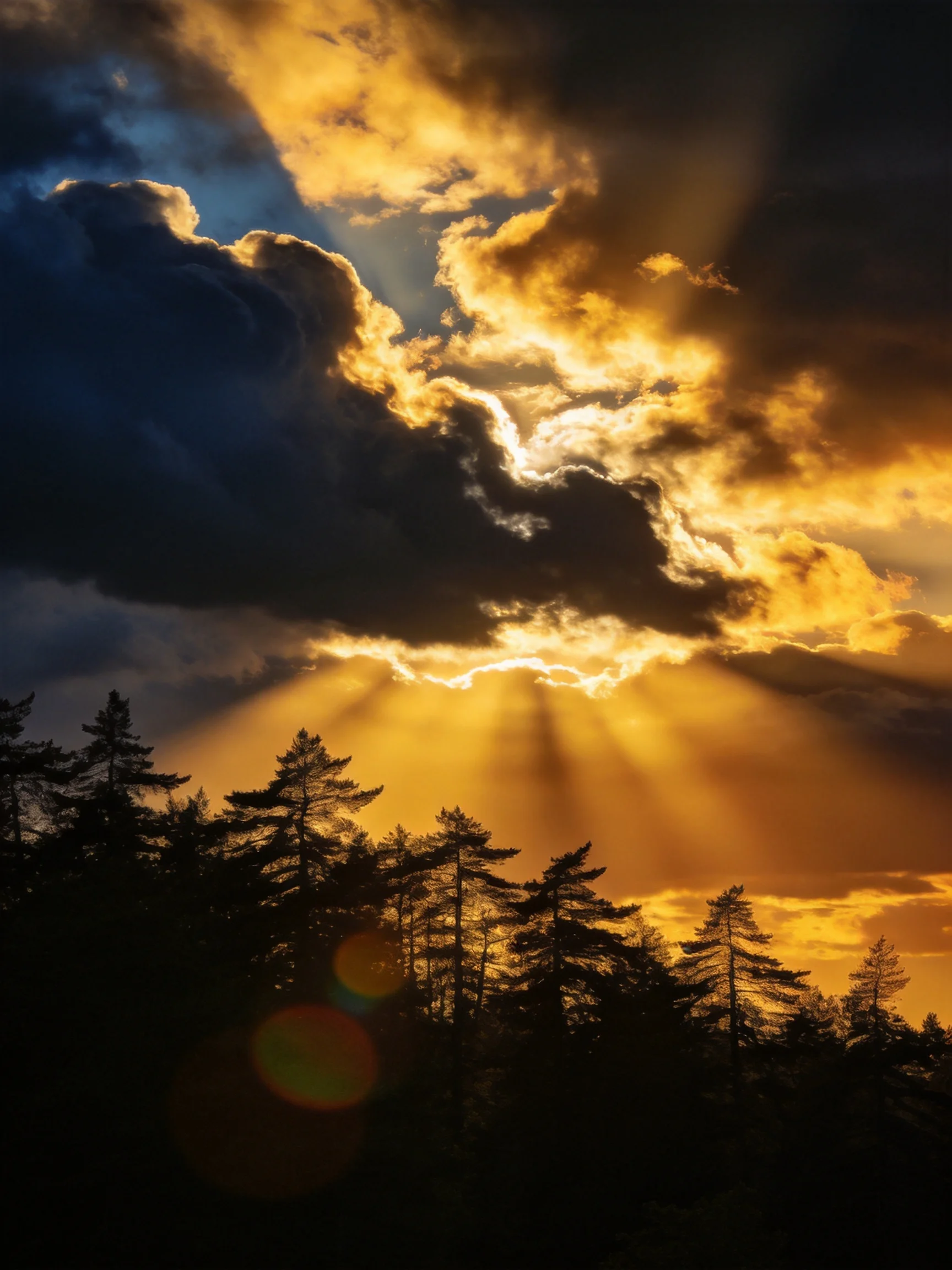 Golden sunbeams pierce dramatic storm clouds over silhouetted pine forest