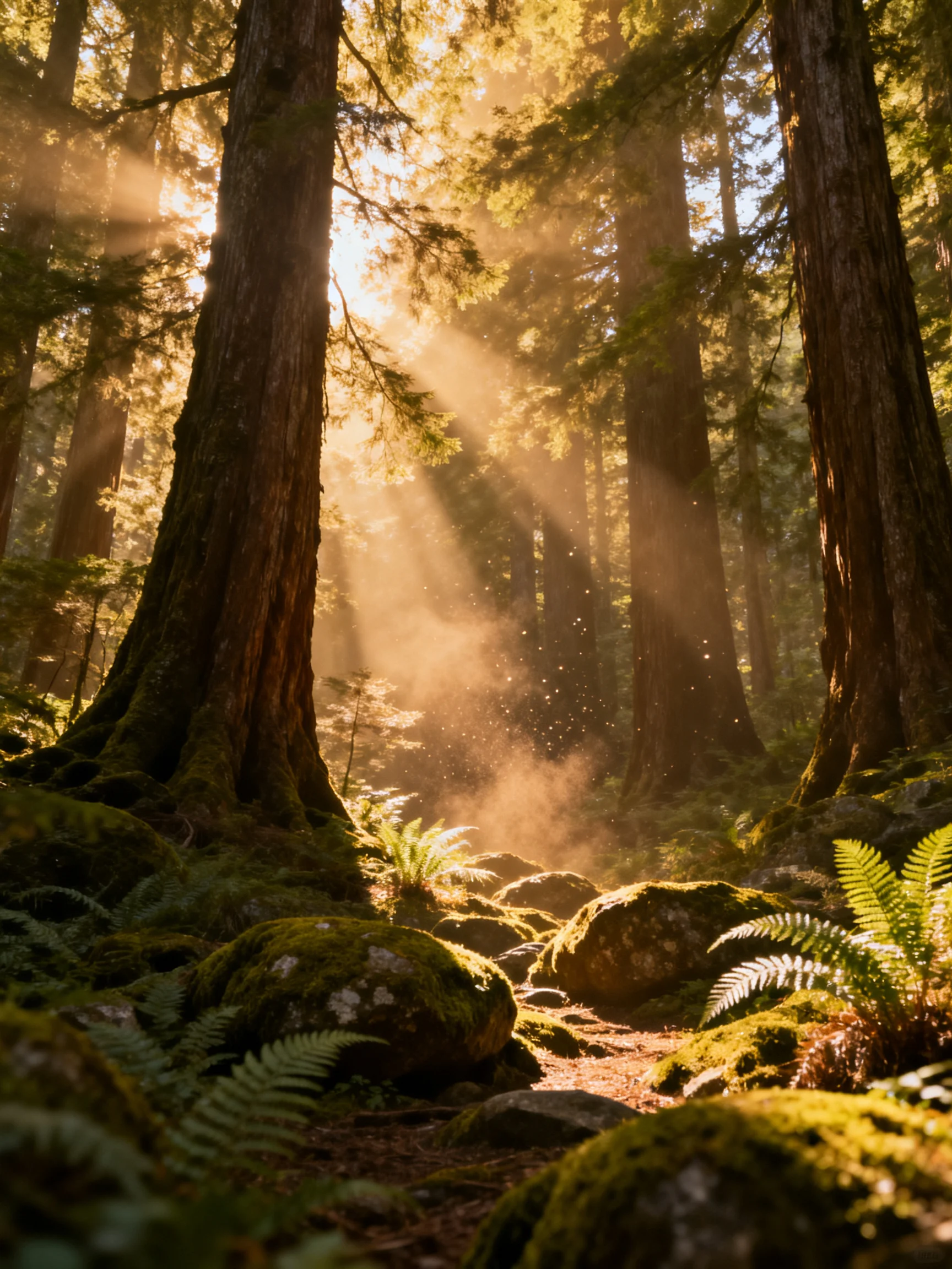Golden sunbeams shine through a dense old-growth forest with moss-covered rocks.