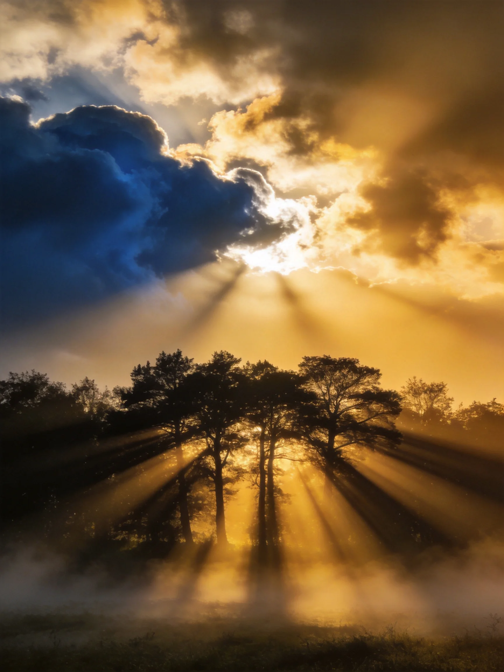 Golden sunbeams stream through dramatic clouds over silhouetted trees