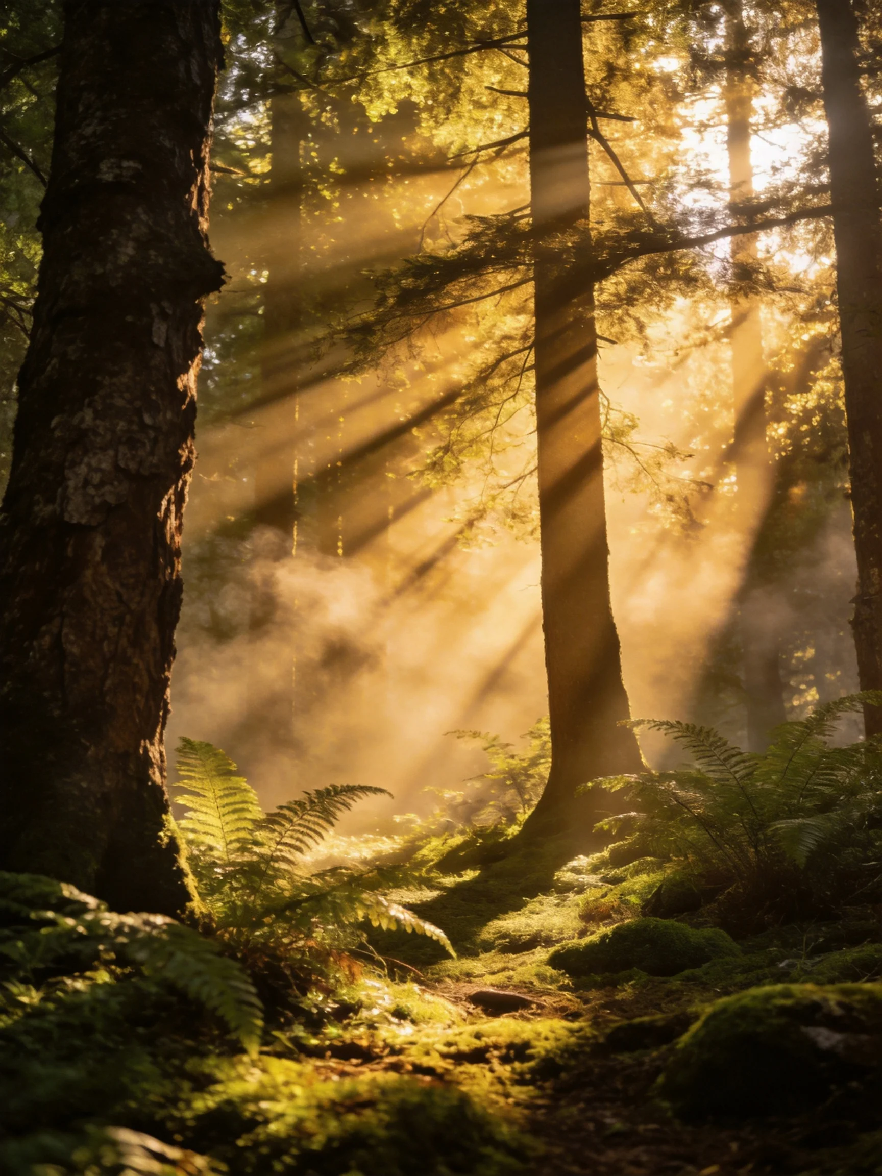 Golden sunbeams stream through tall trees into a misty forest clearing