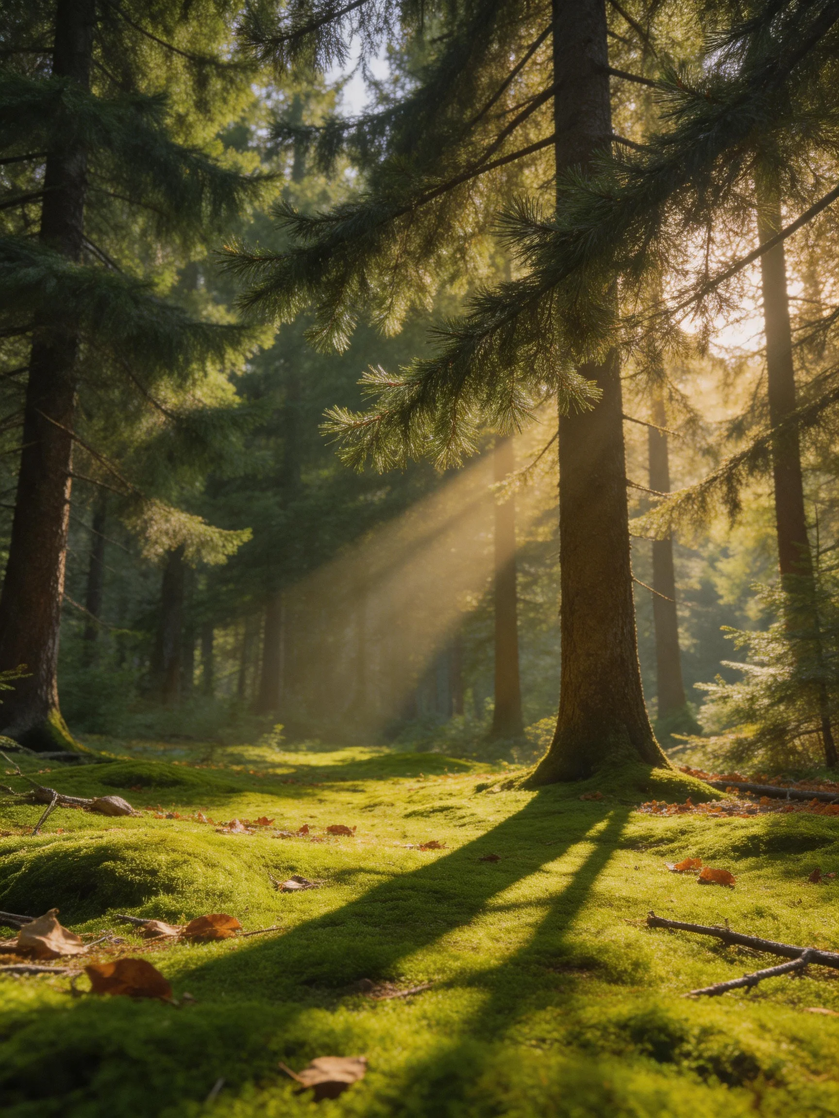 Golden sunbeams stream through towering evergreen trees onto mossy forest floor