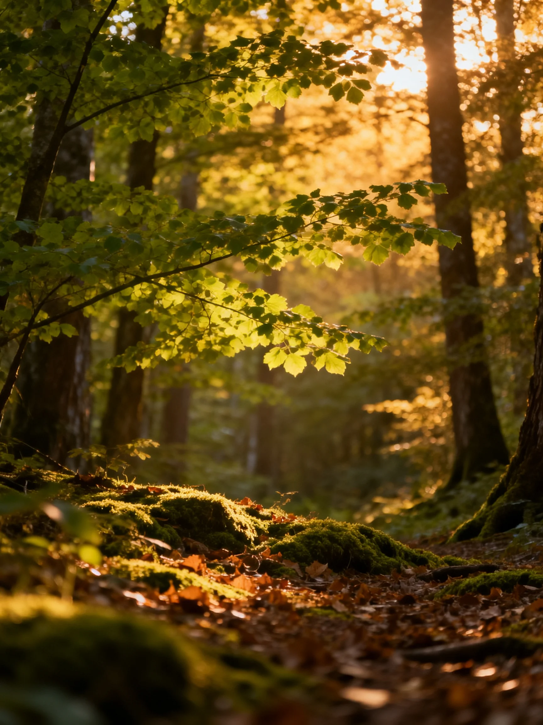 Golden sunlight bathes a mossy forest trail with tall trees