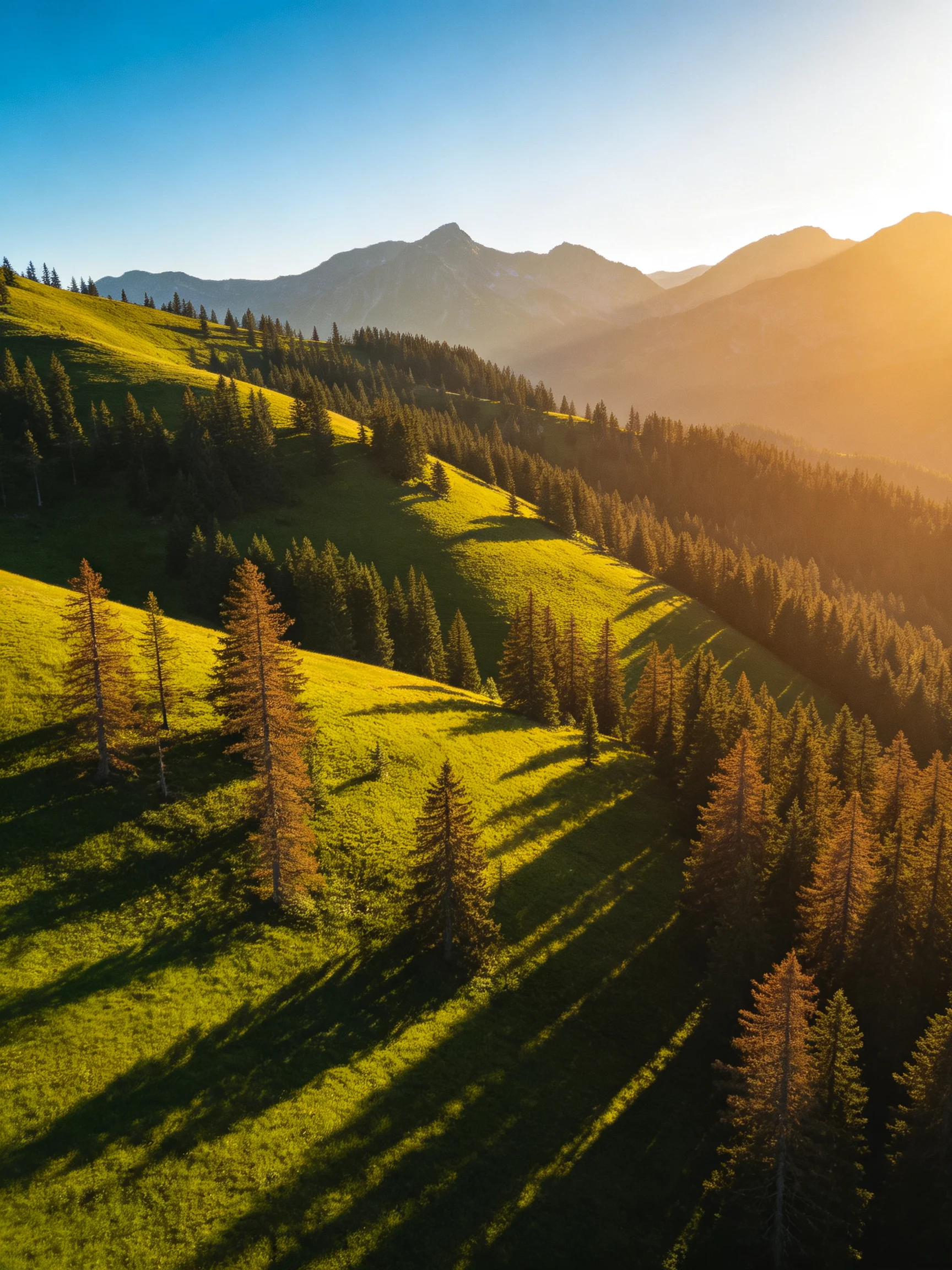 Golden sunlight bathes rolling green hills with scattered pine forests and distant mountain peaks.
