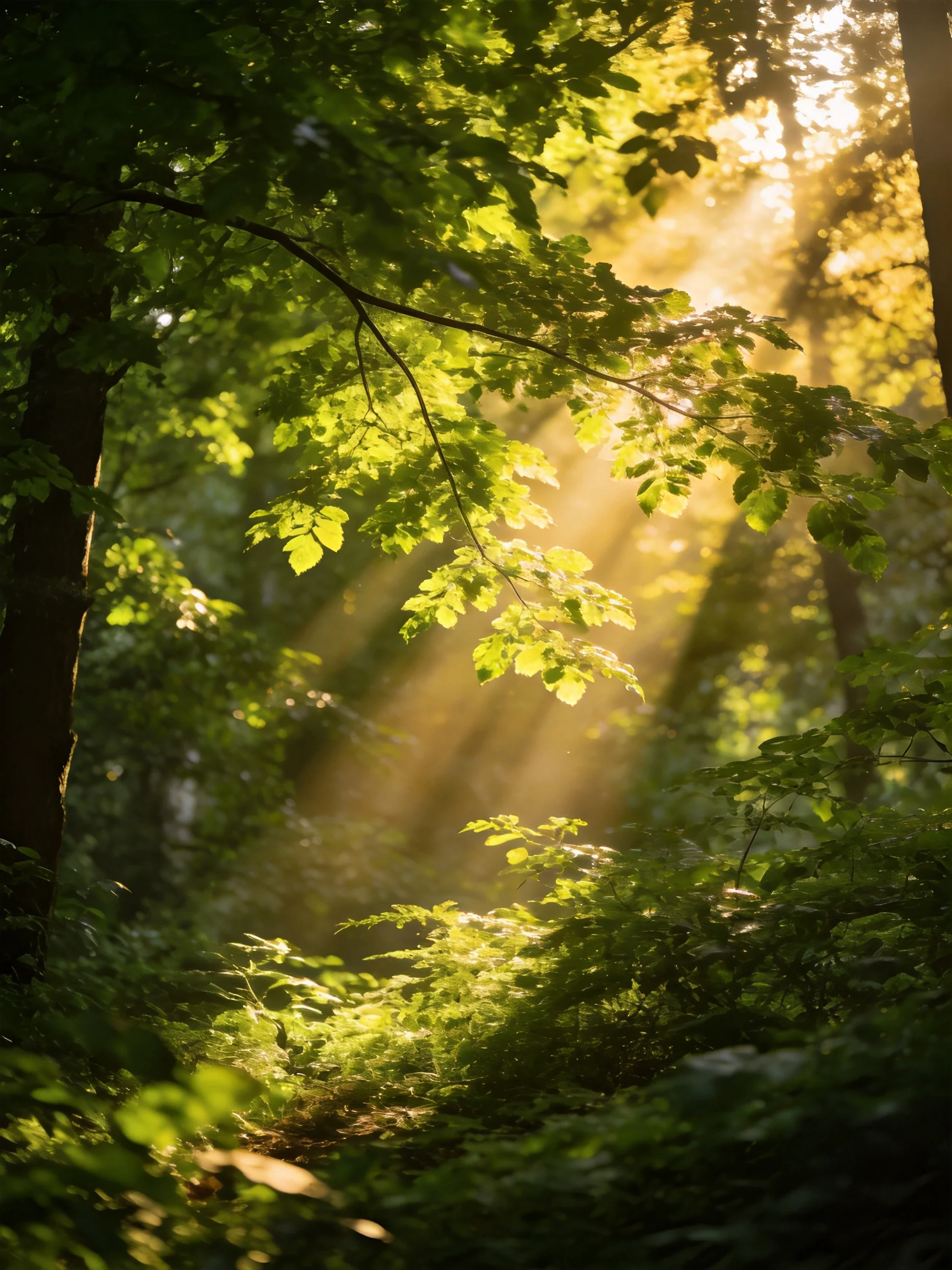 Golden sunlight beams through dense green forest foliage with warm rays