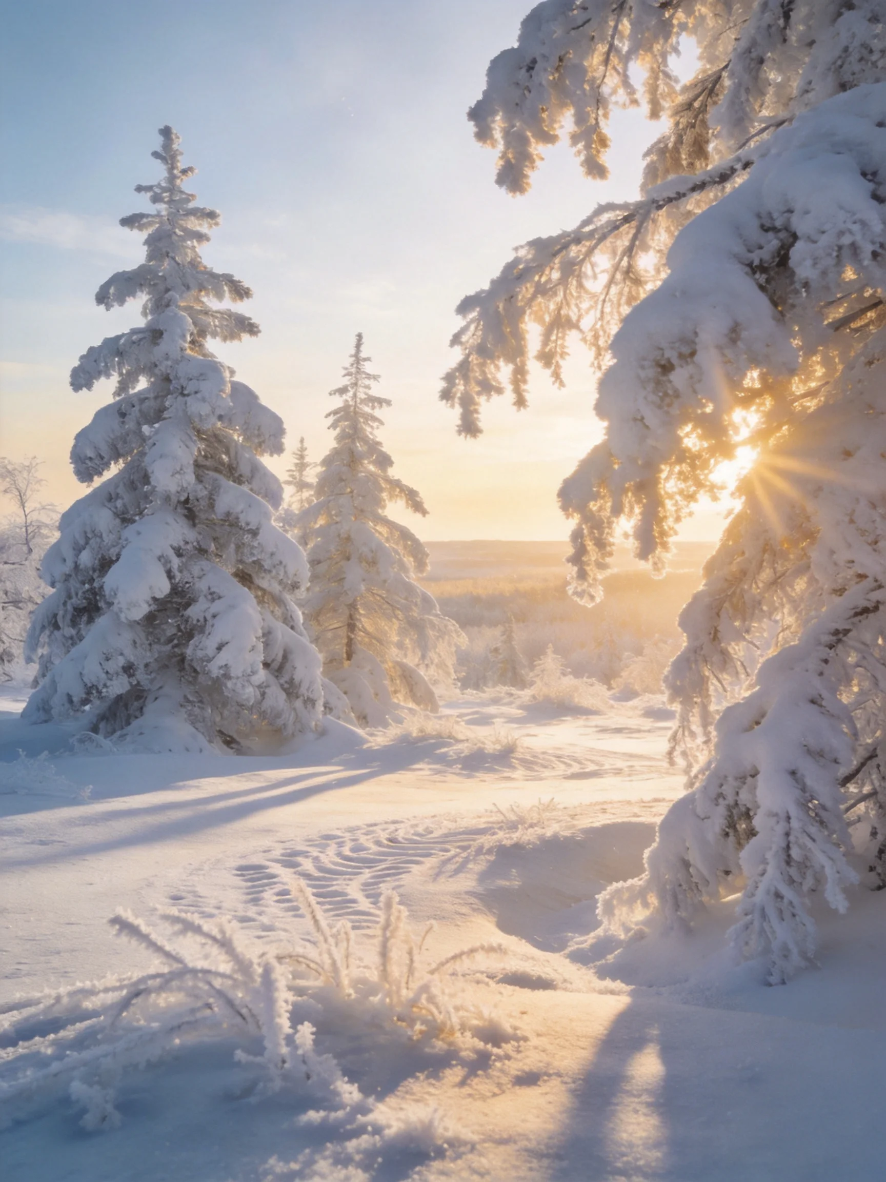 Golden sunlight blankets snow - laden evergreens in a serene winter forest