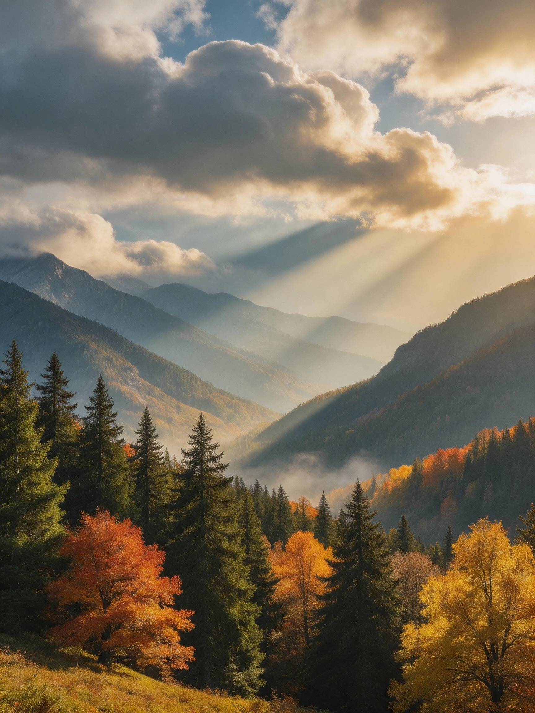 Golden sunlight breaks through clouds over layered mountain valleys with autumn-colored forests.