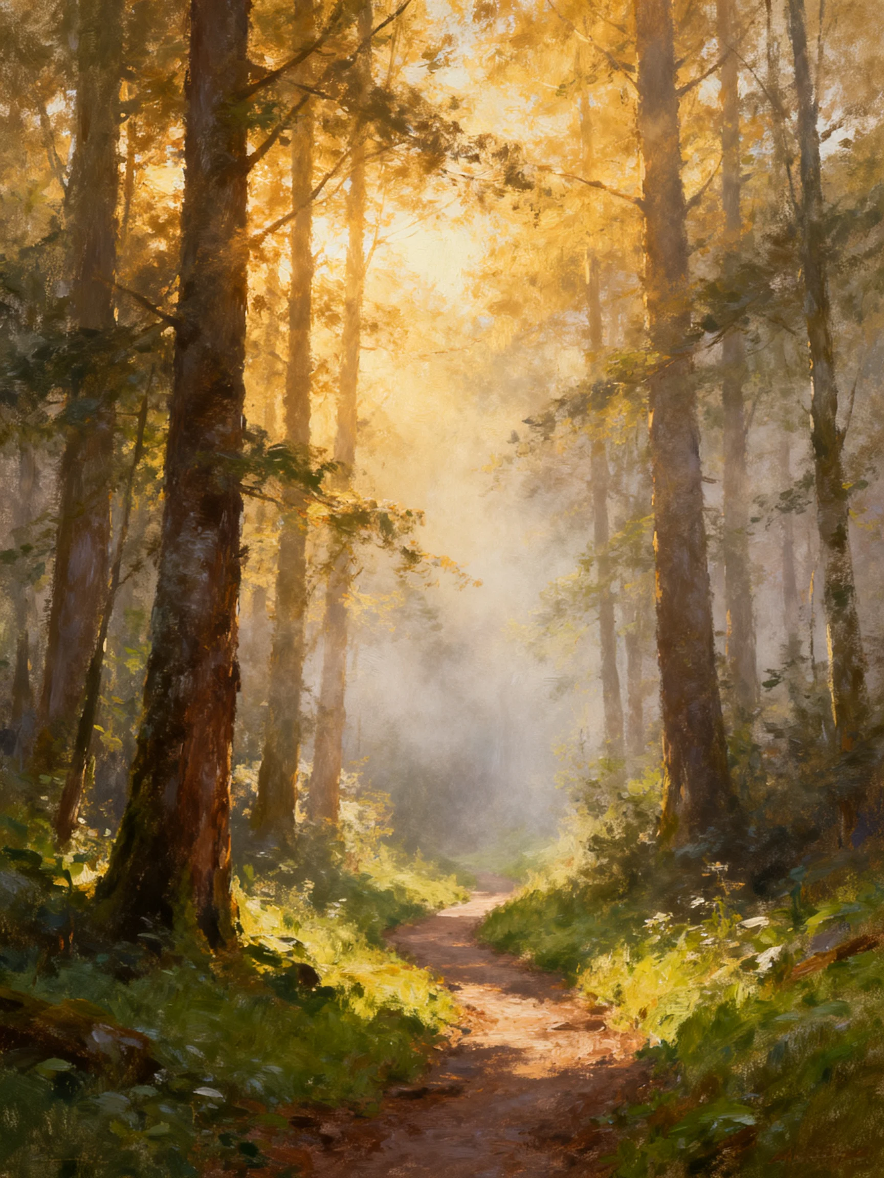 Golden sunlight fills a forest path among tall trees and mist