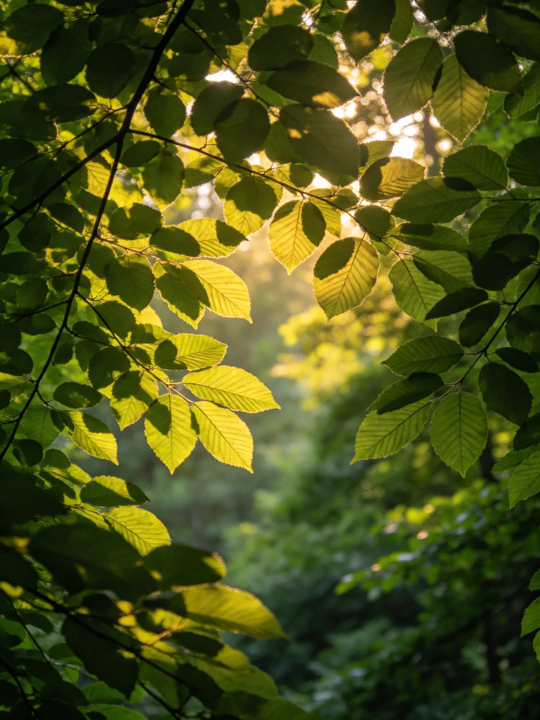 Golden sunlight filtering through lush green foliage in a sun-dappled forest