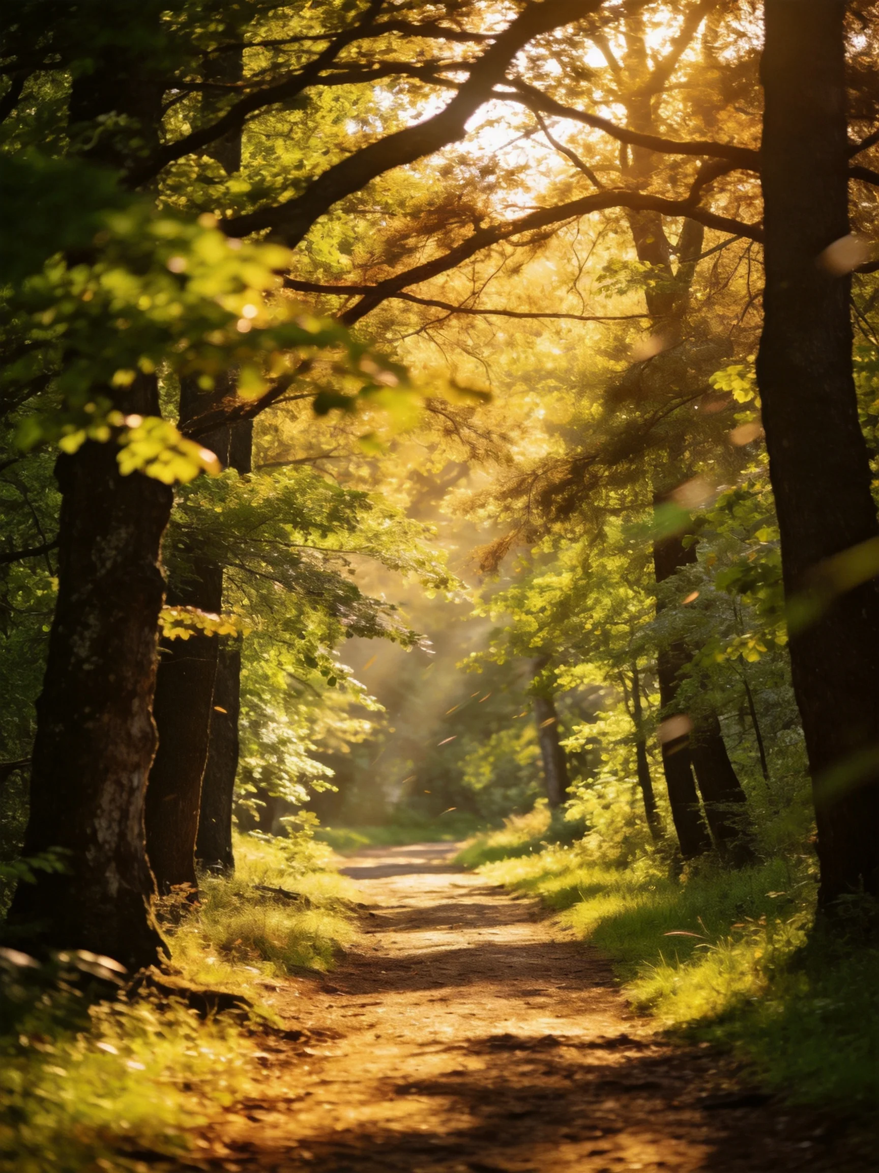 Golden sunlight filters through dense forest trees along a dirt path