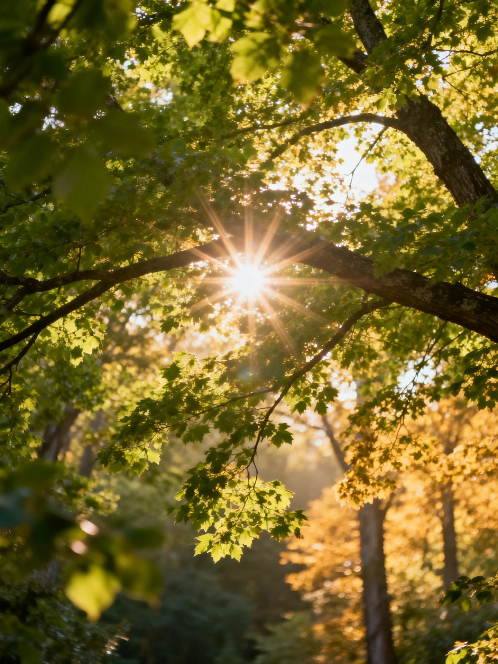 Golden sunlight filters through lush green tree branches