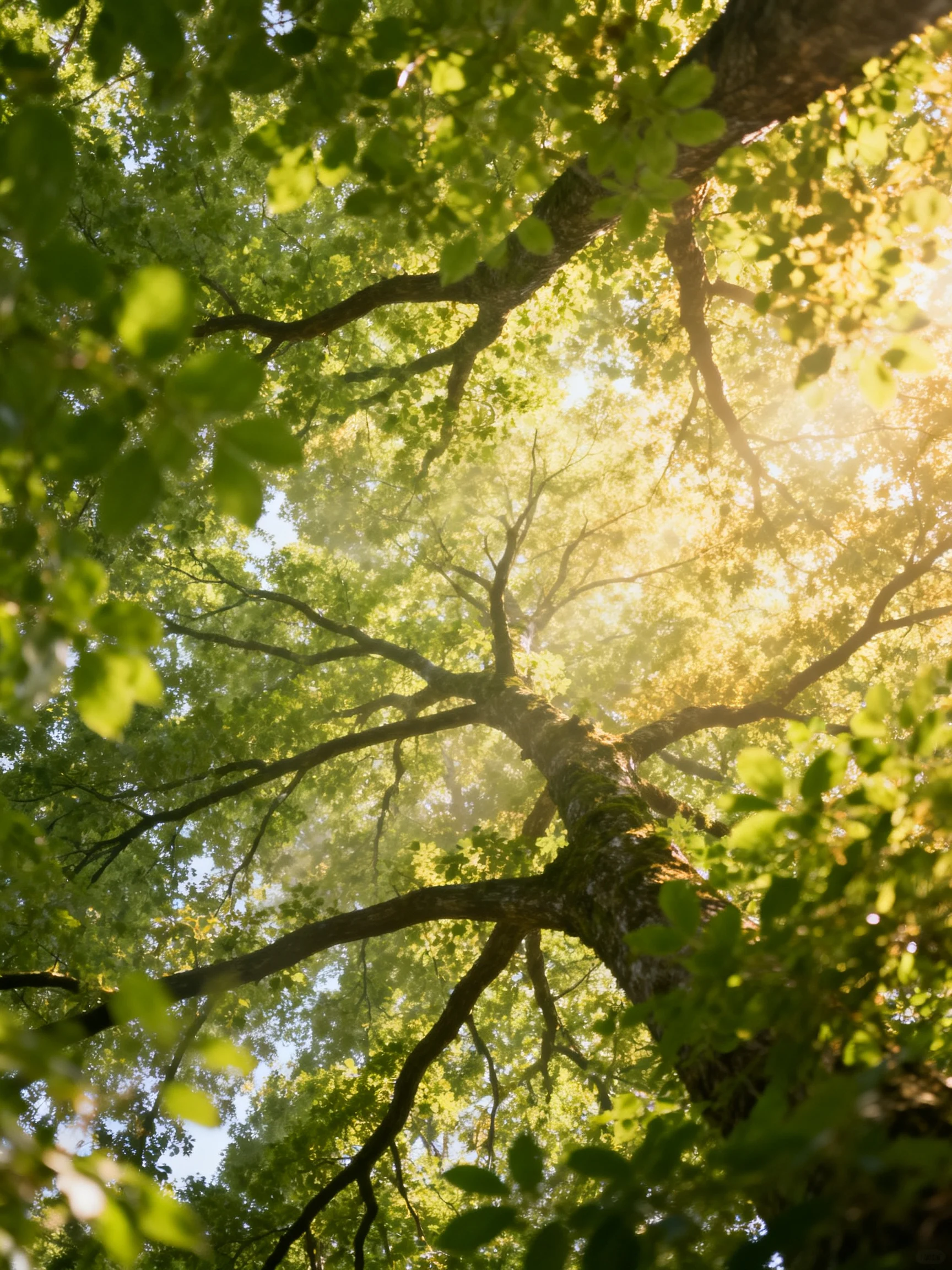 Golden sunlight filters through lush green tree foliage with sprawling branches