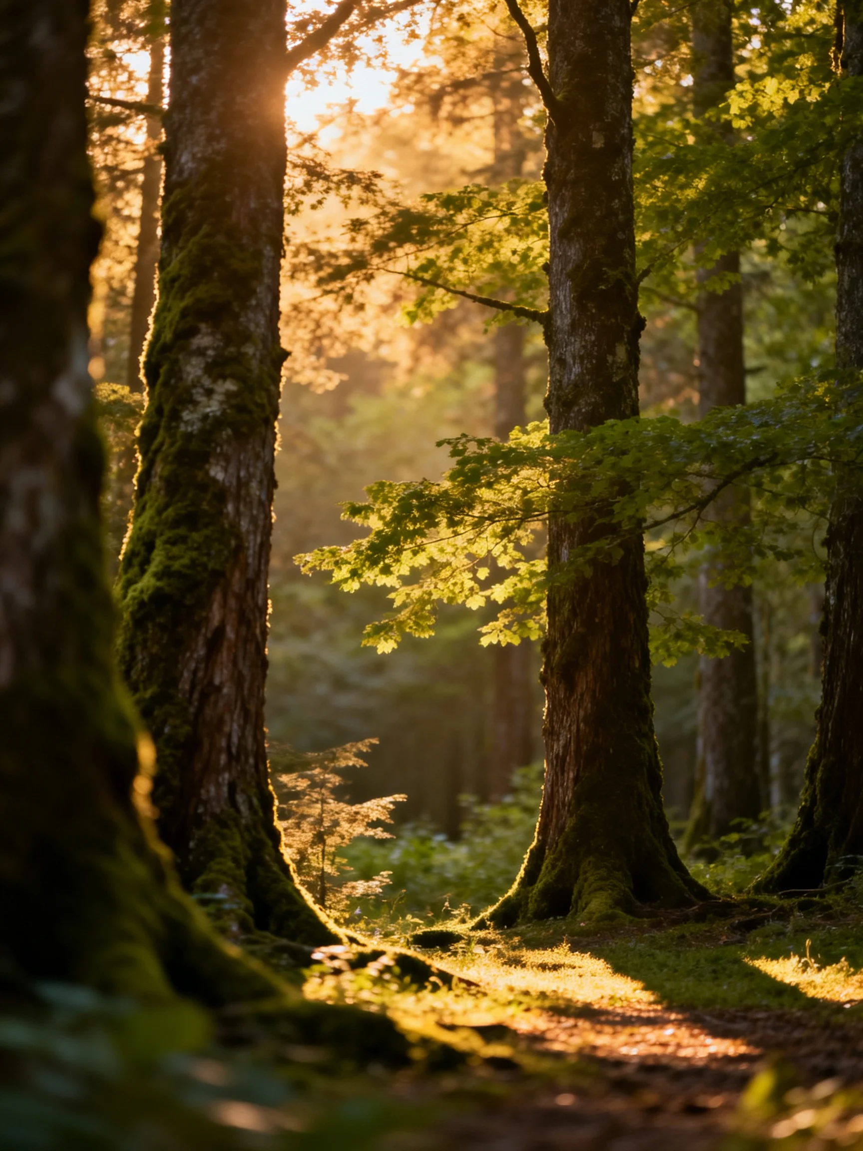 Golden sunlight filters through moss-covered tall trees in a serene forest