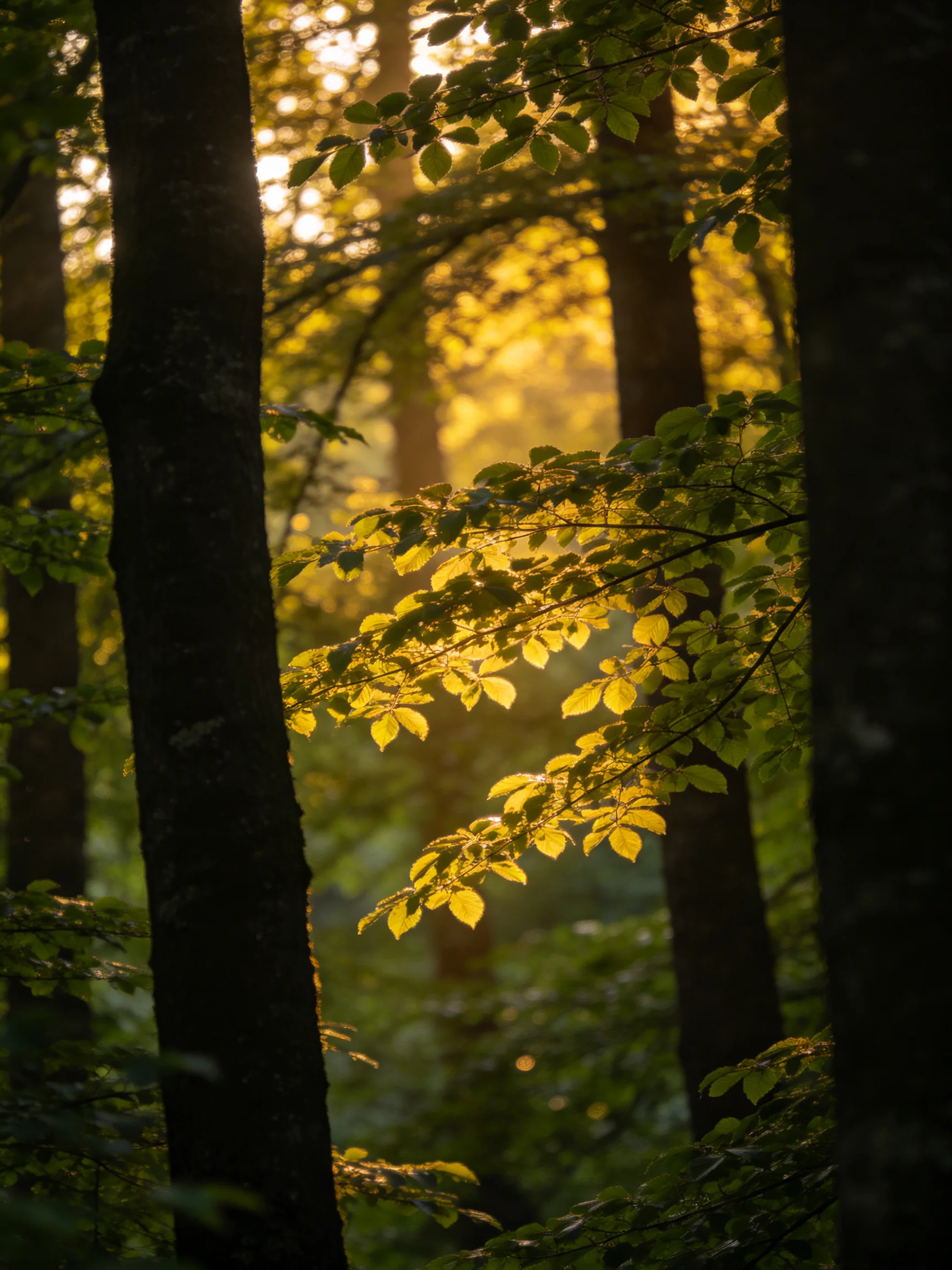 Golden sunlight filters through tall forest trees and lush green foliage