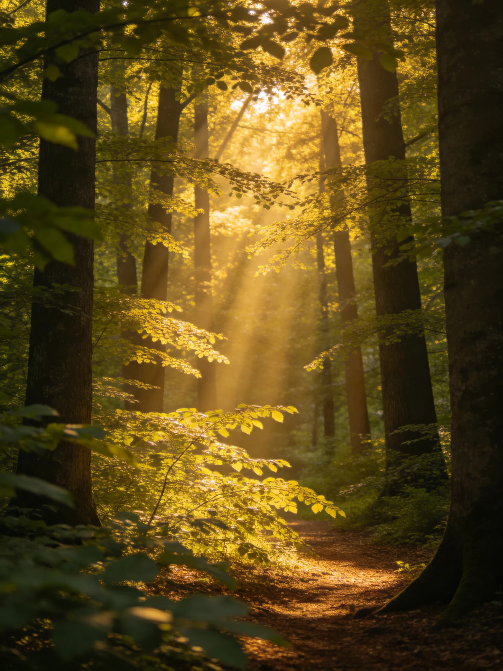 Golden sunlight filters through tall green trees along a forest path