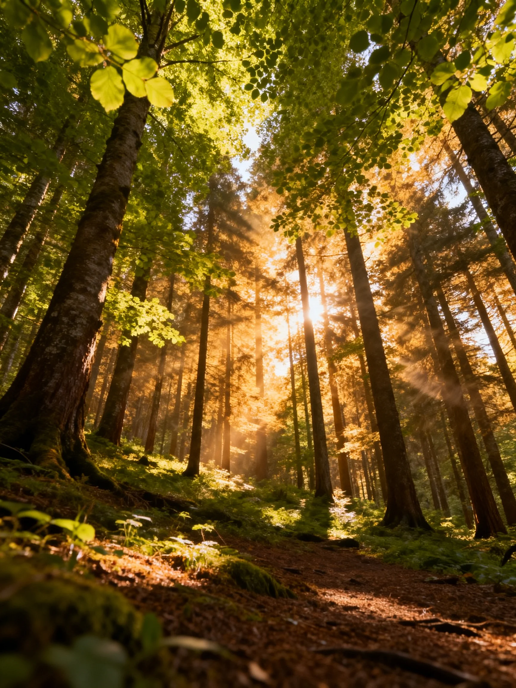 Golden sunlight filters through tall green trees in a lush forest