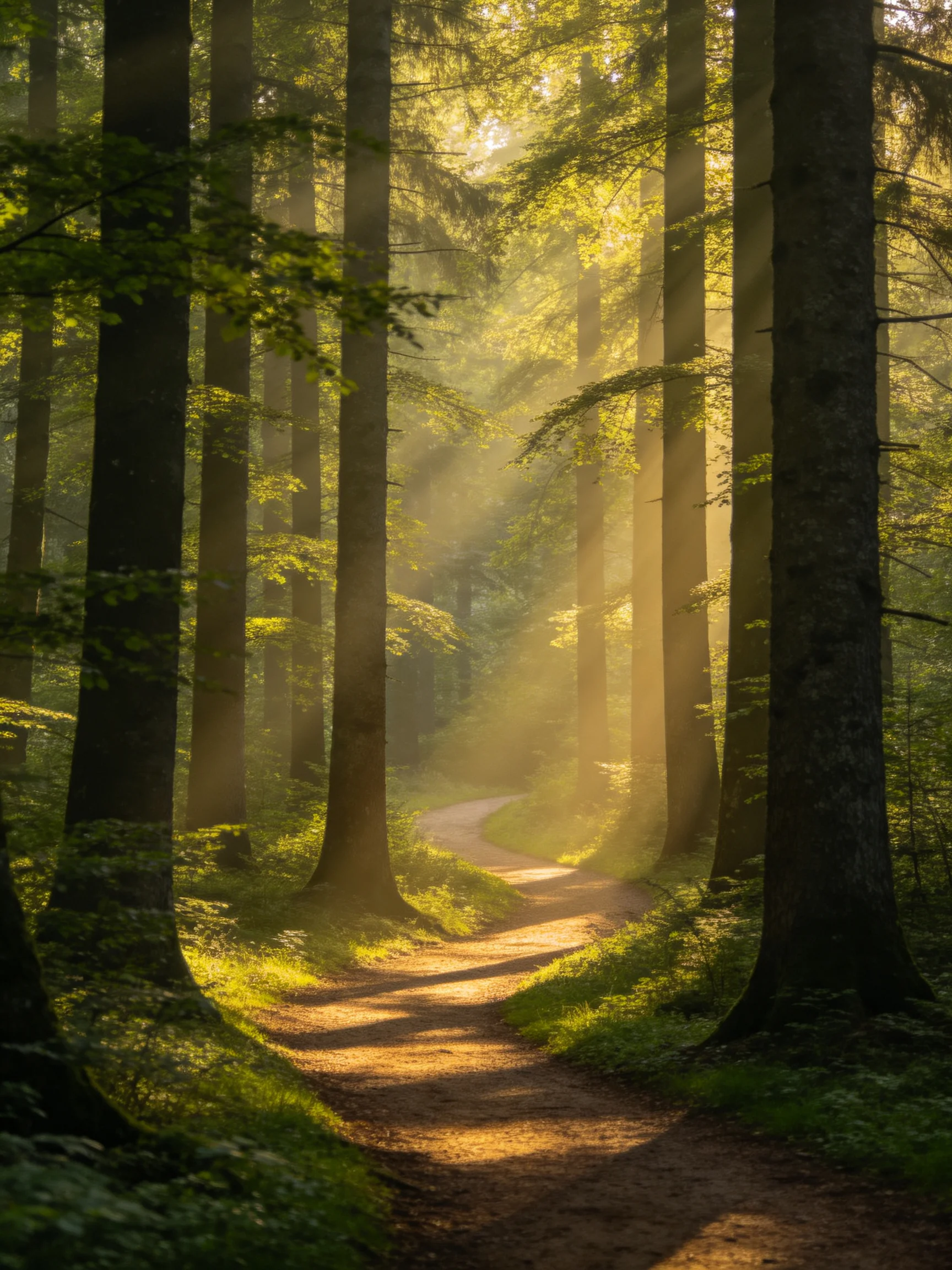 Golden sunlight filters through tall trees along a forest path