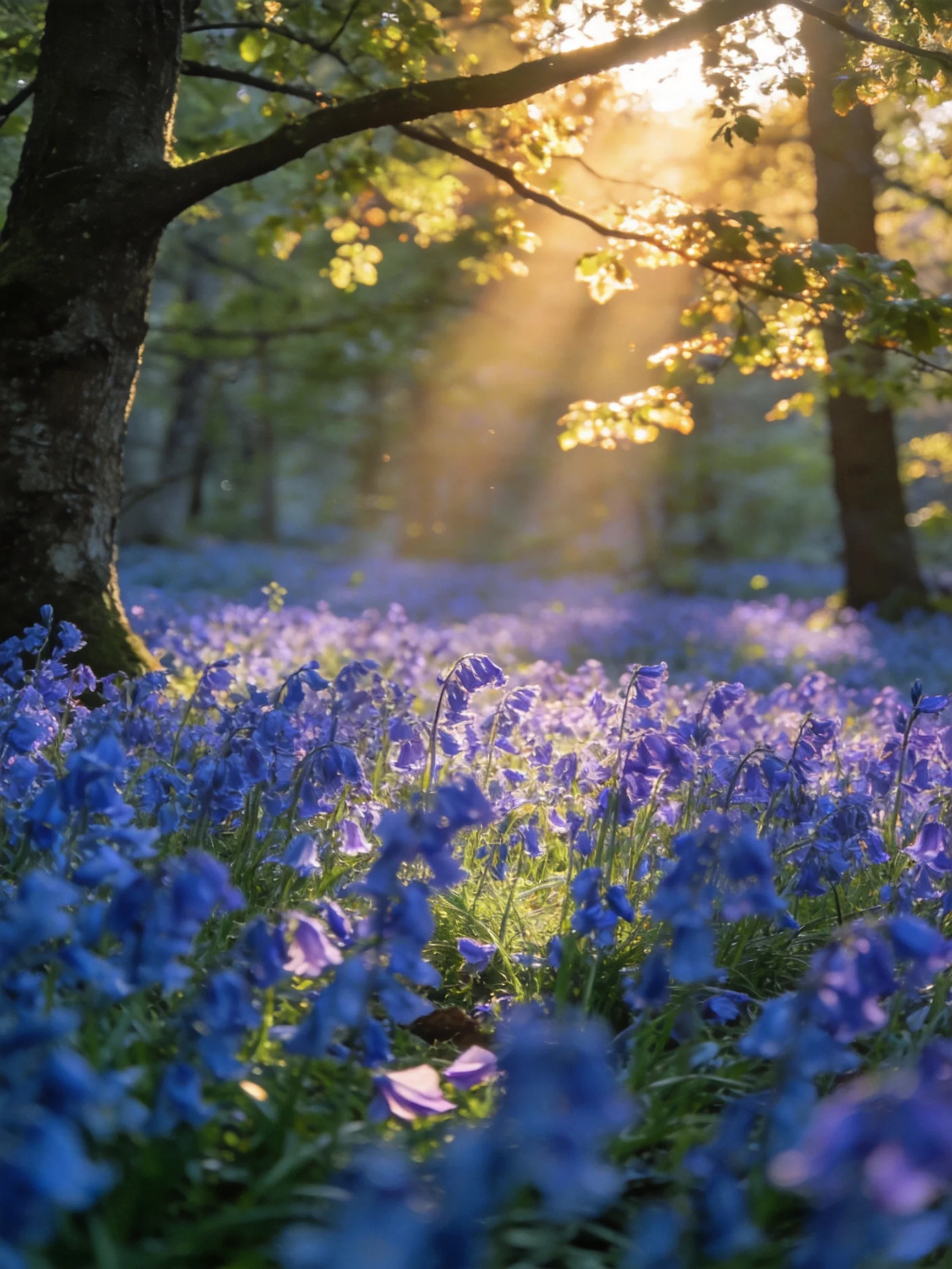 Golden sunlight filters through trees over a carpet of vibrant blue flowers