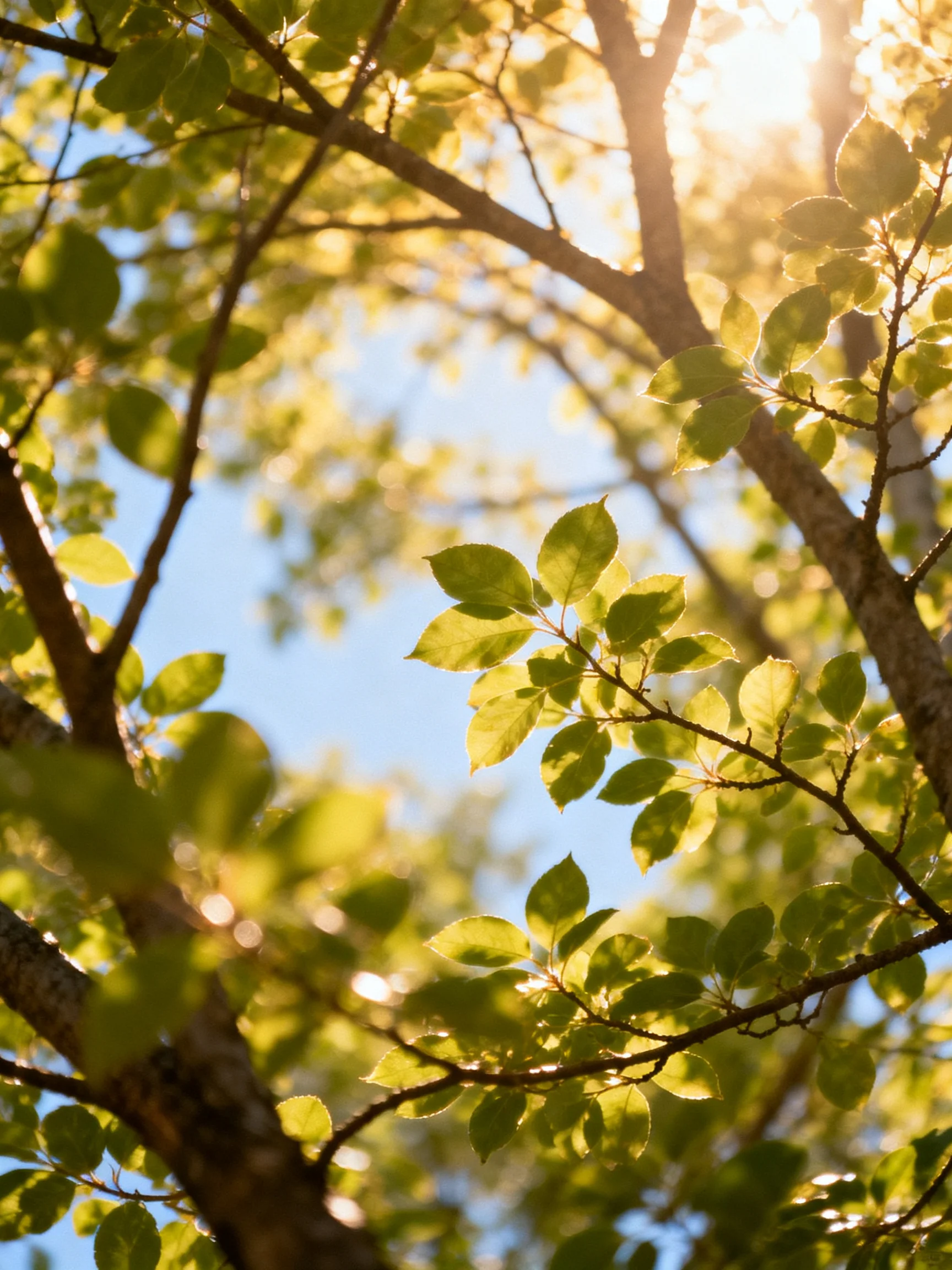 Golden sunlight filters through vibrant green tree foliage and branches