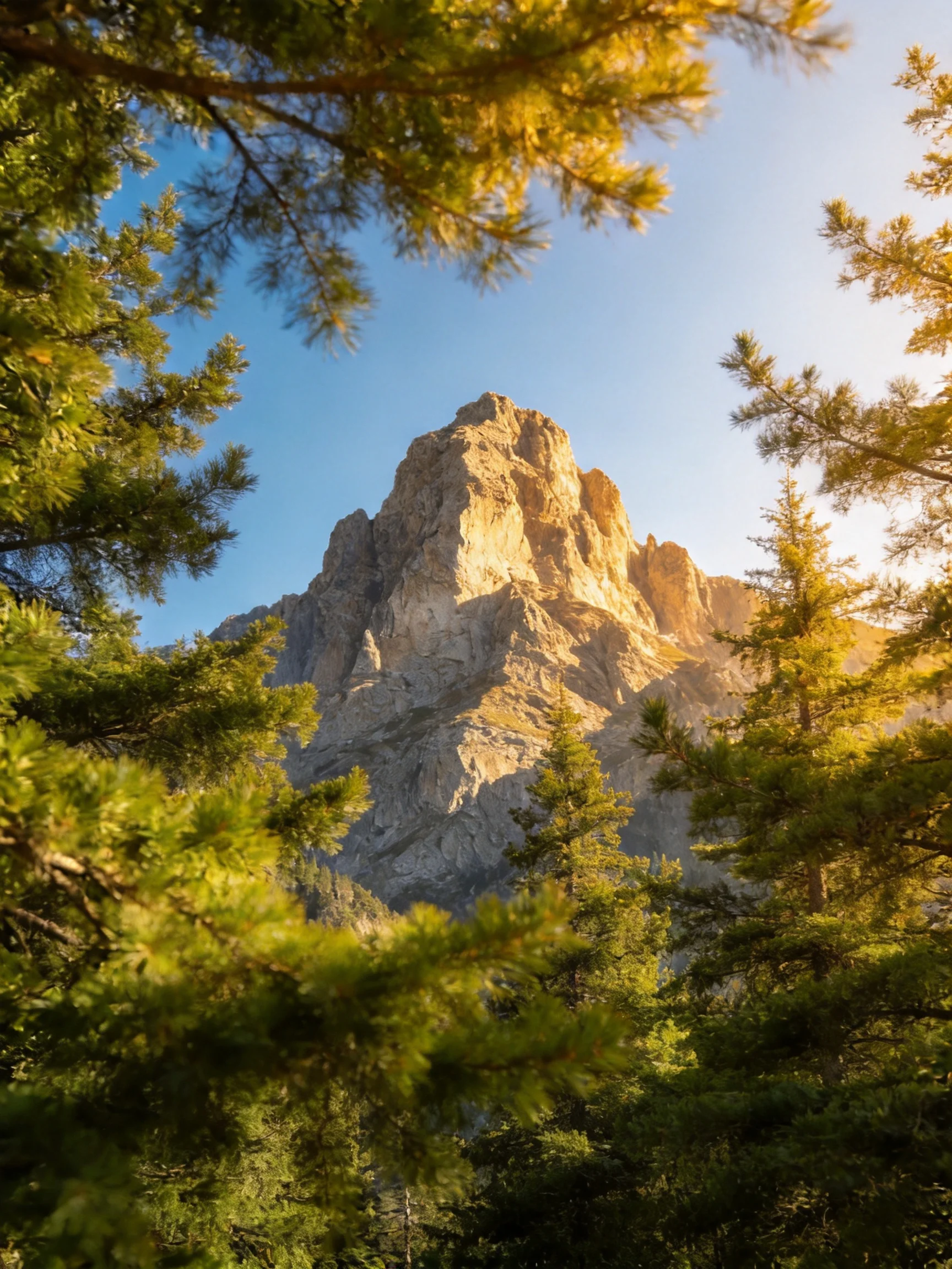 Golden sunlight frames a rugged mountain amid lush pine trees