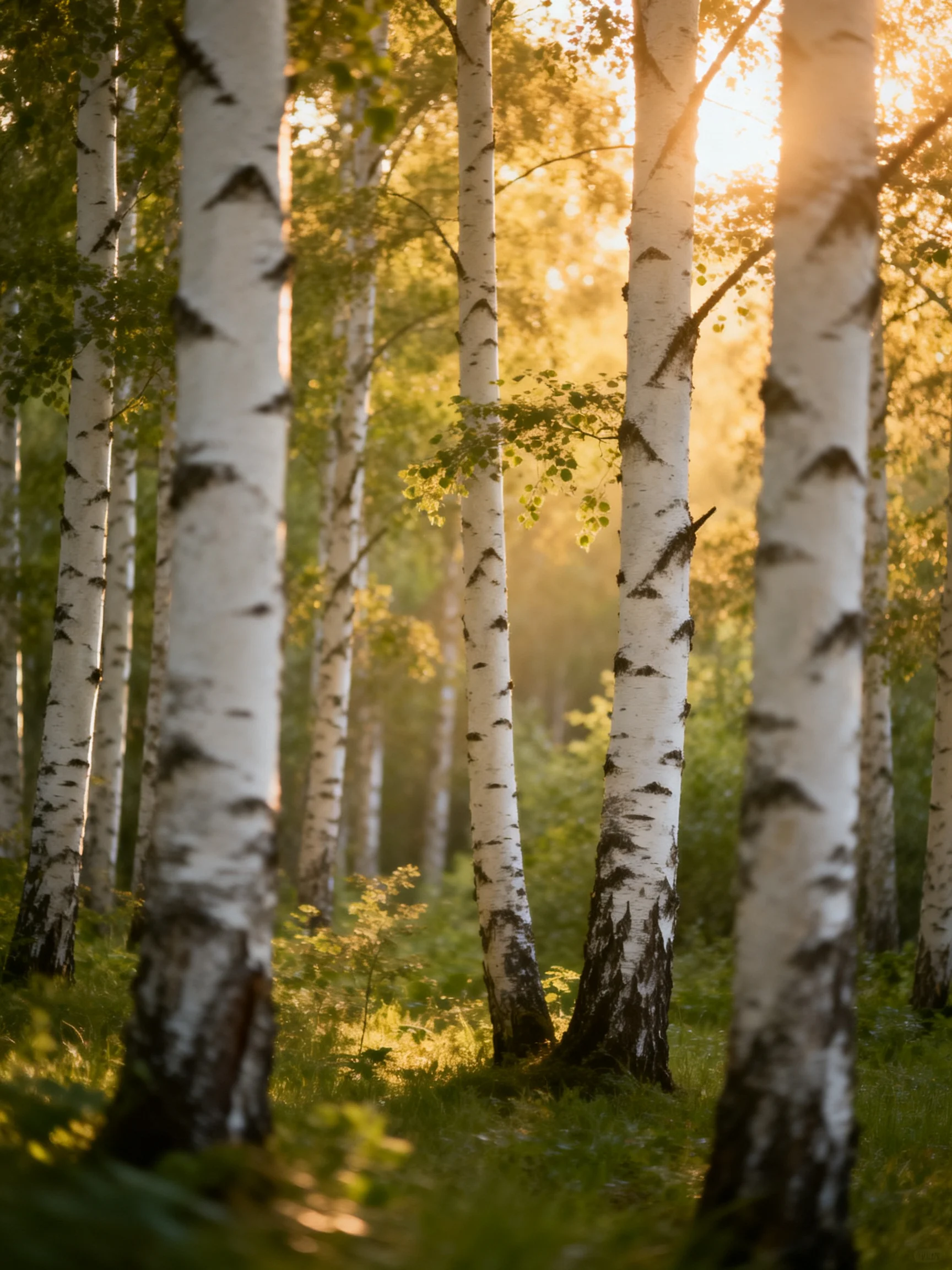 Golden sunlight highlights a forest of tall white-barked birch trees.