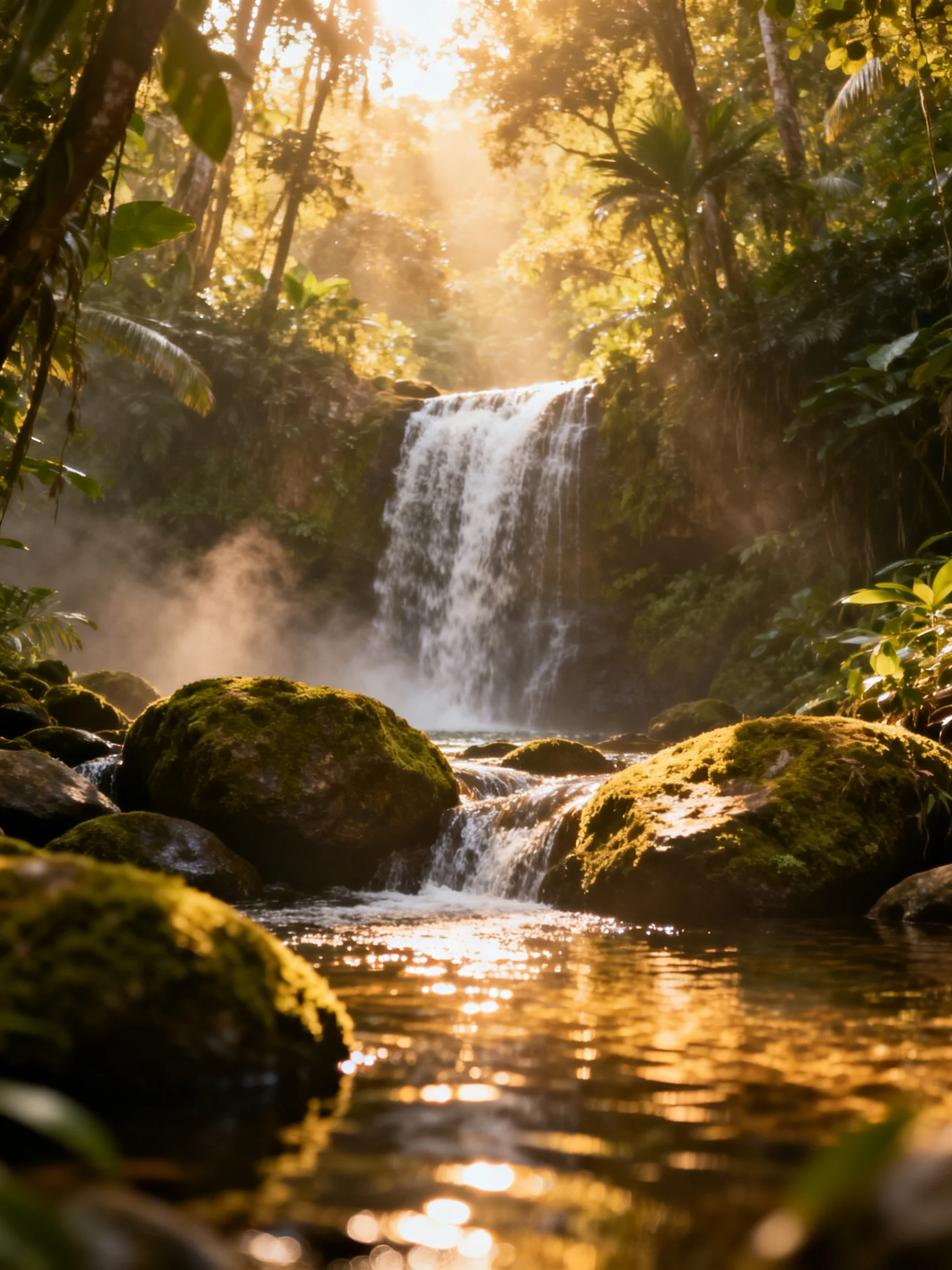 Golden sunlight highlights a lush forest waterfall with mossy rocks