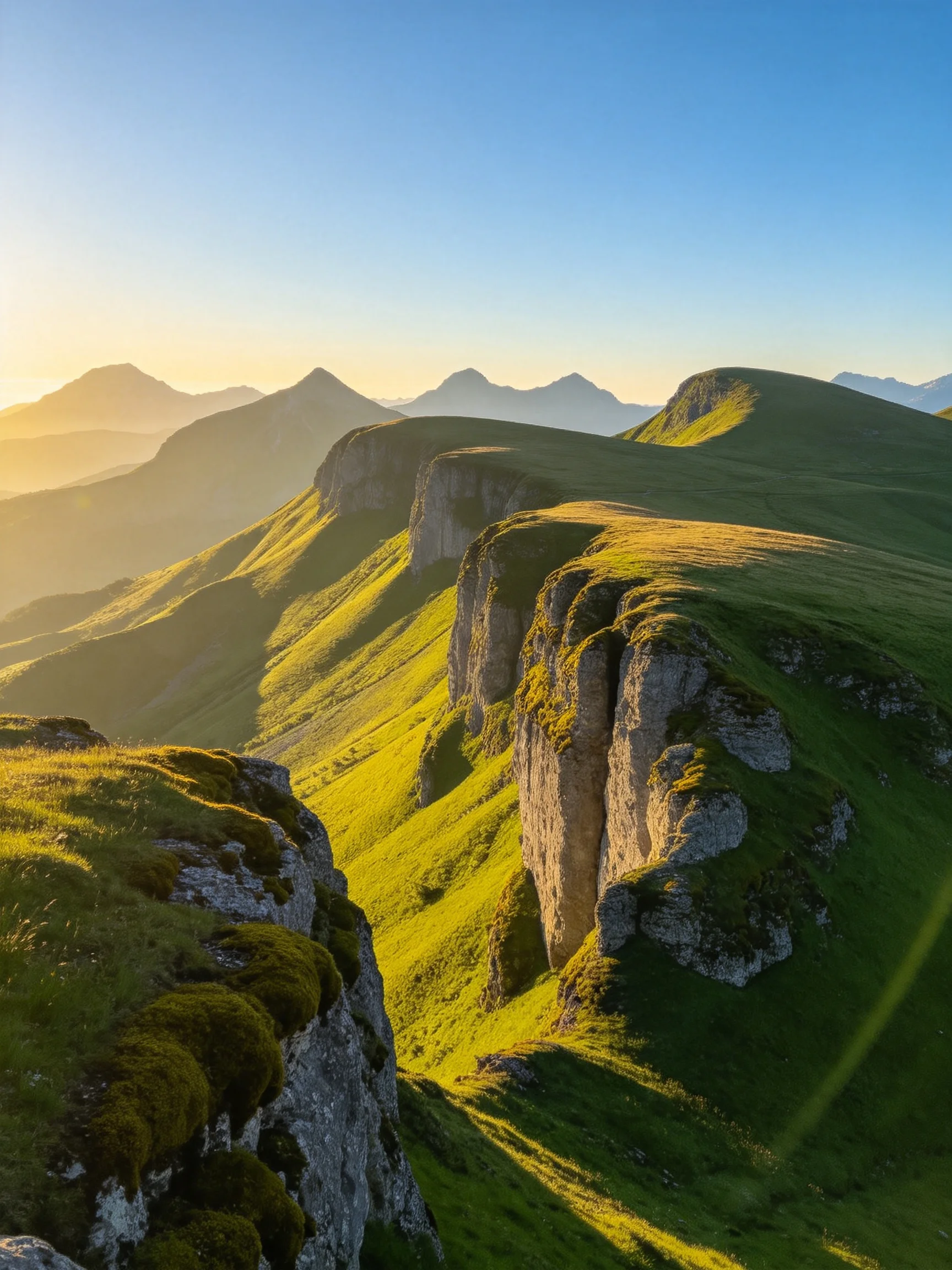 Golden sunlight highlights lush green mountain cliffs and ridges