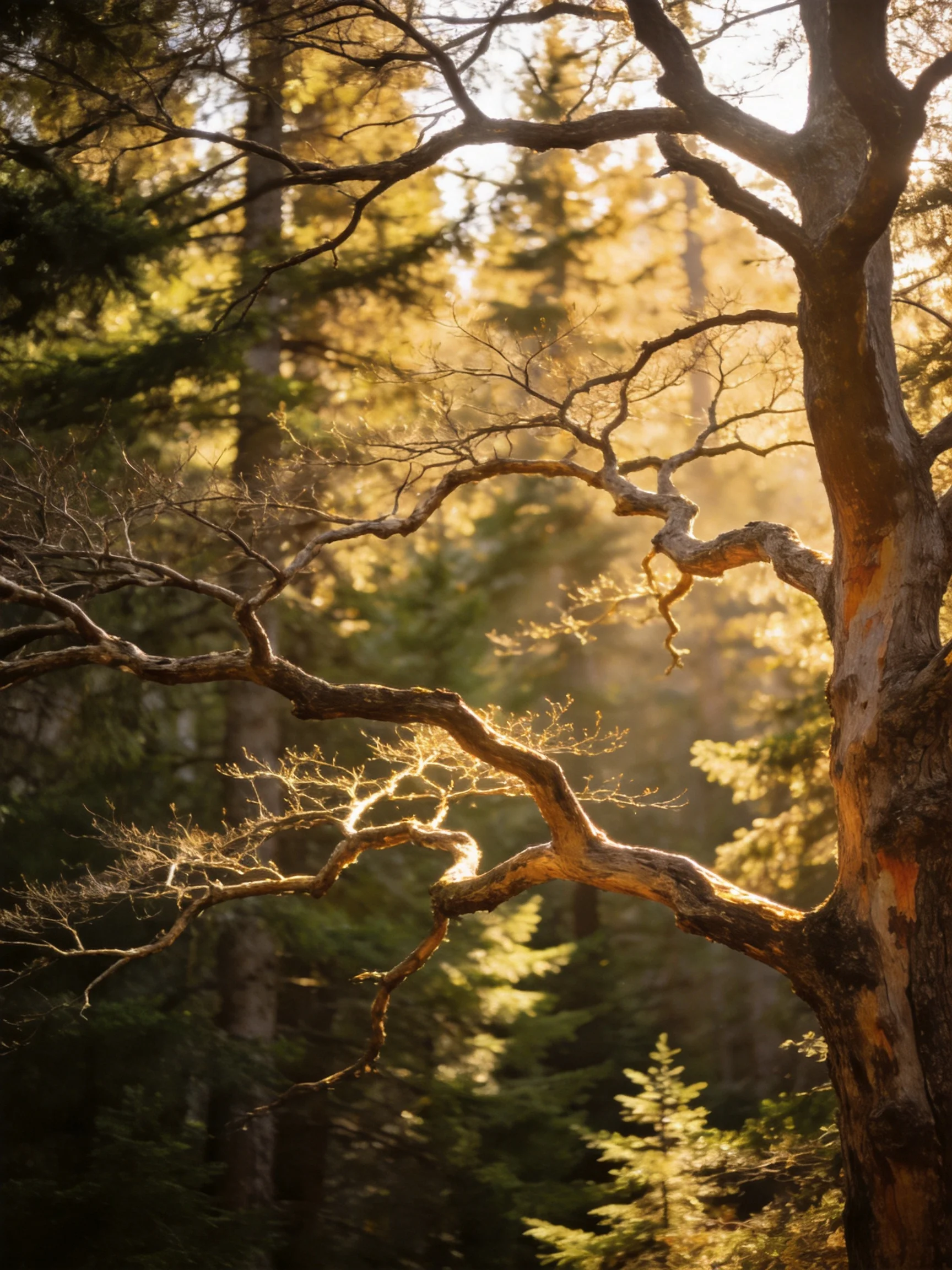 Golden sunlight highlights twisted branches in dense forest